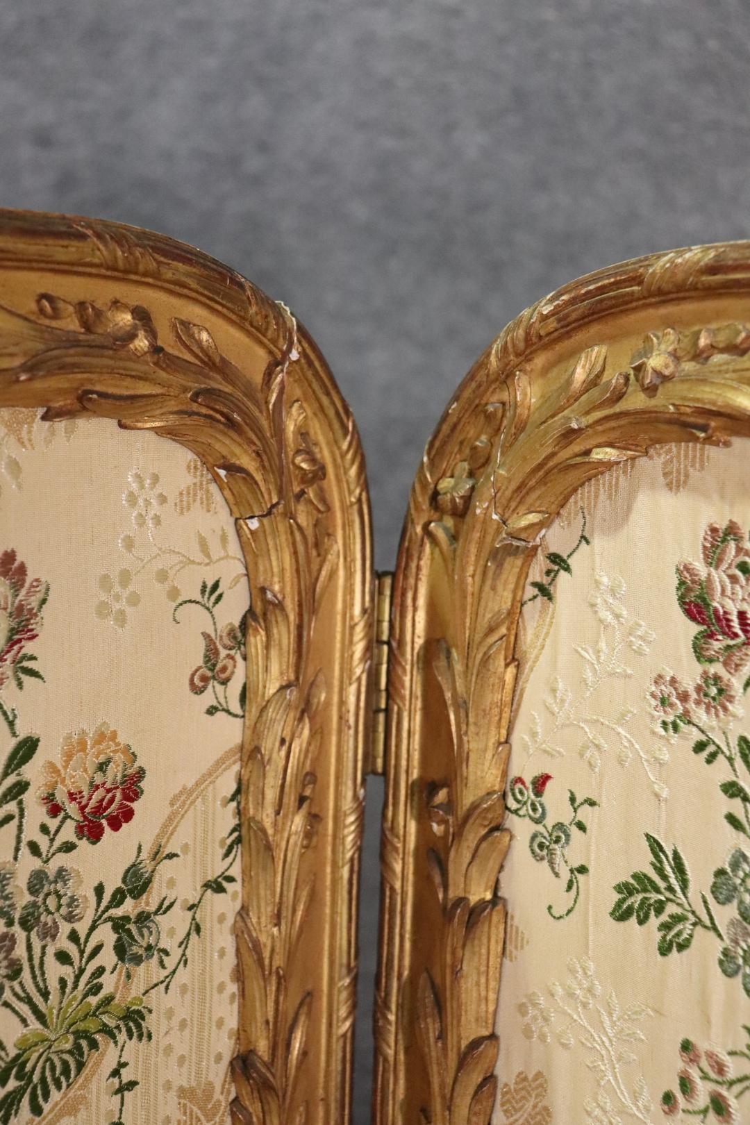 Upholstery Gorgeous Carved Giltwood French Three Panel Aubusson Louis XV Dressing Screen For Sale