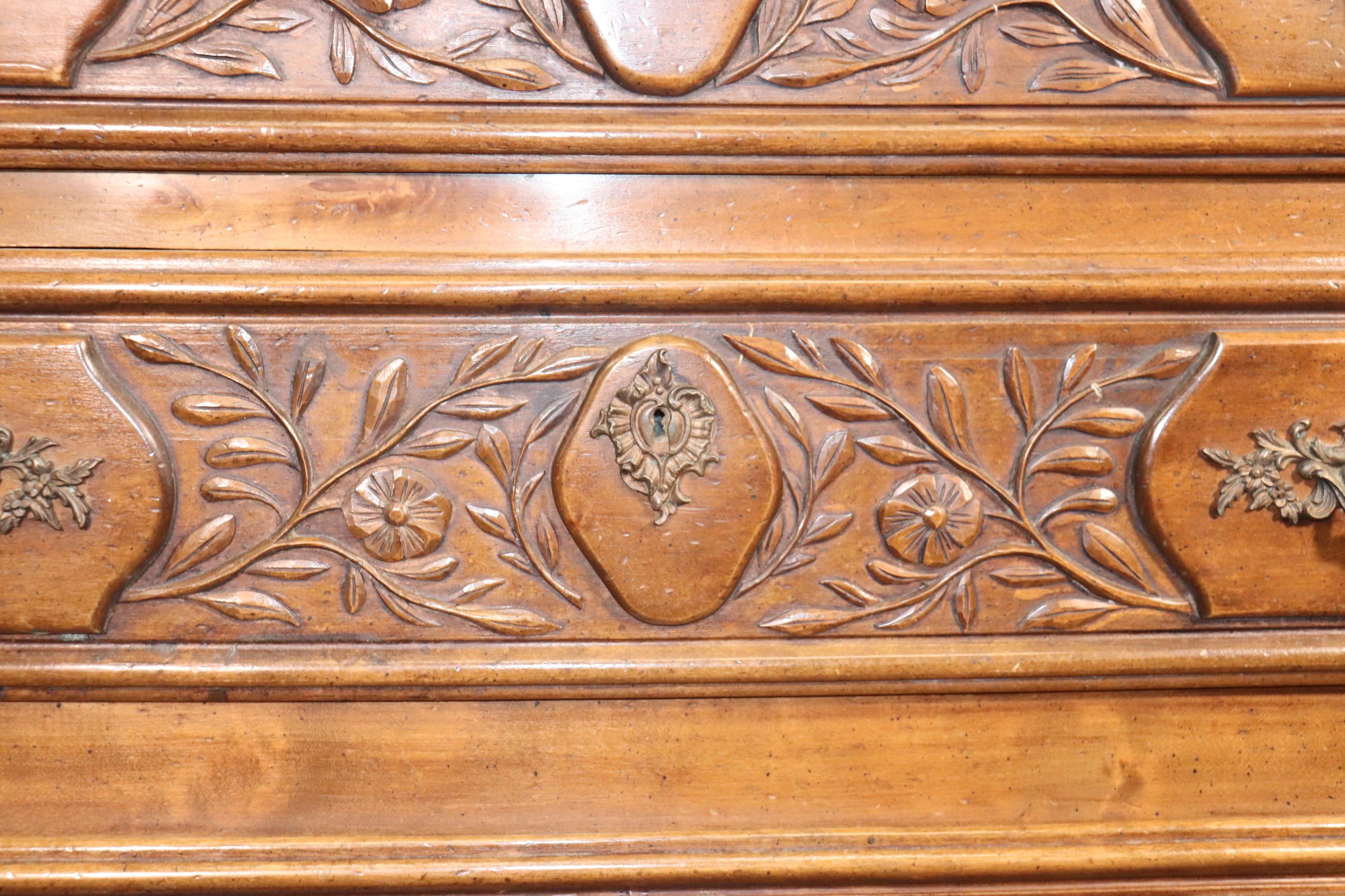 Gorgeous Carved Walnut Floral French Louis XV Country Commode, Circa 1970 For Sale 8