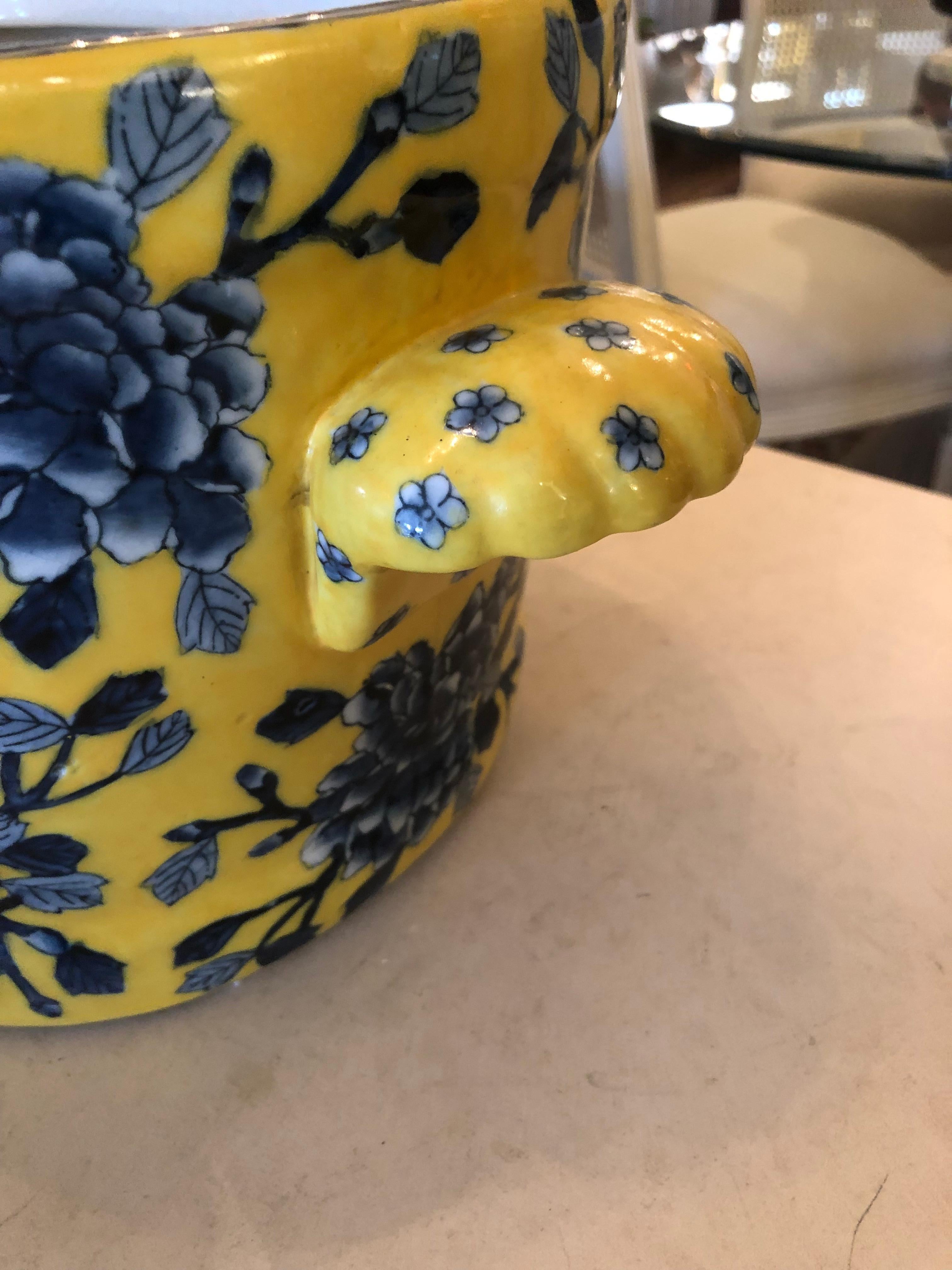 Late 20th Century Gorgeous Ceramic Yellow & Blue Oval Planter Centerpiece