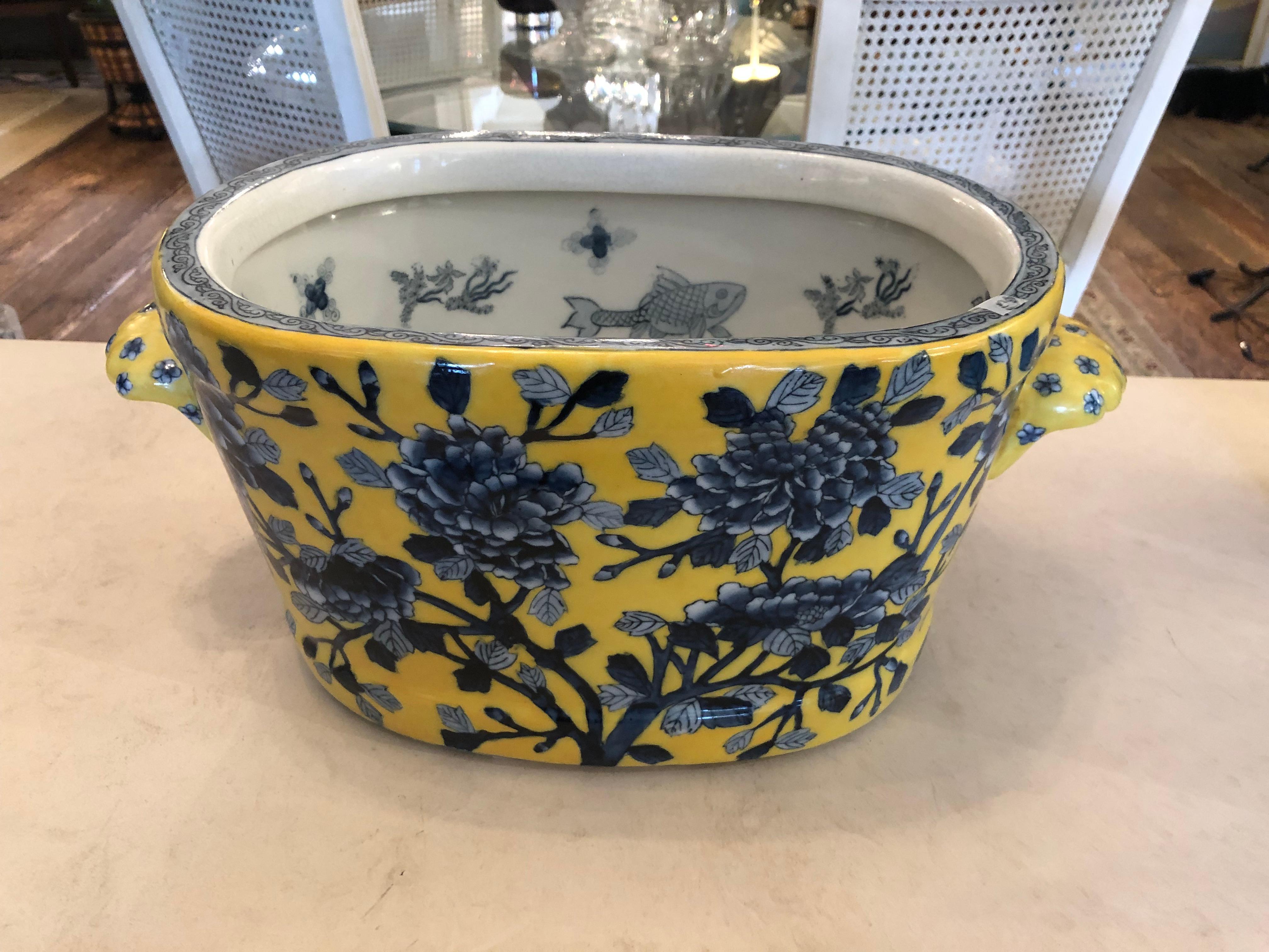 Gorgeous Ceramic Yellow & Blue Oval Planter Centerpiece 1