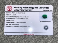 Gorgeous Certified Natural Green Emerald from Swat Pakistan Mine 1.96 Carat