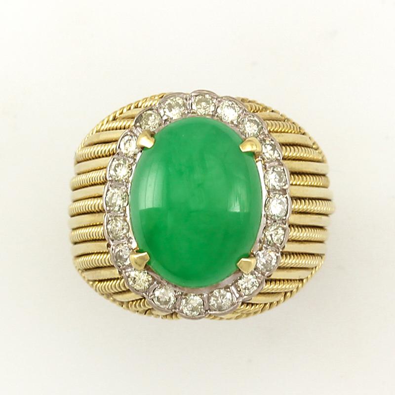 Gorgeous Certified Natural Green Jadeite Jade & Diamond Estate Ring In Excellent Condition In Littleton, CO