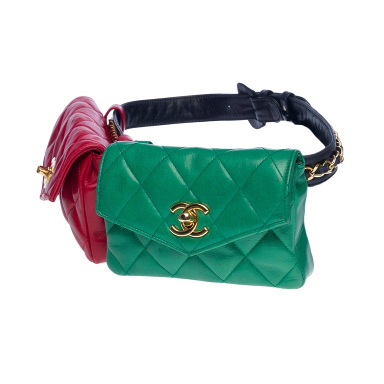 Gorgeous Chanel double bag belt in red and green quilted lambskin leather,  GHW