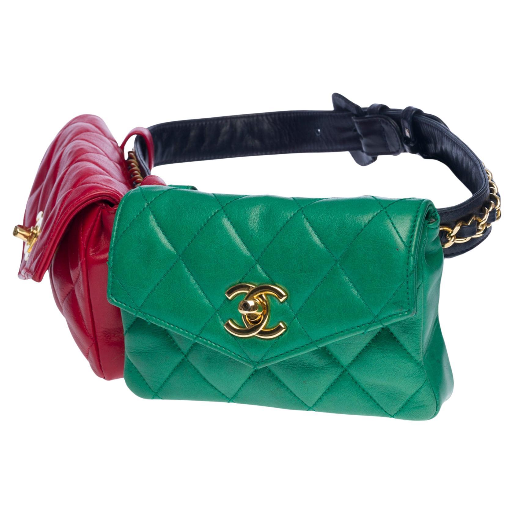 Gorgeous Chanel double bag belt in red and green quilted lambskin leather,  GHW