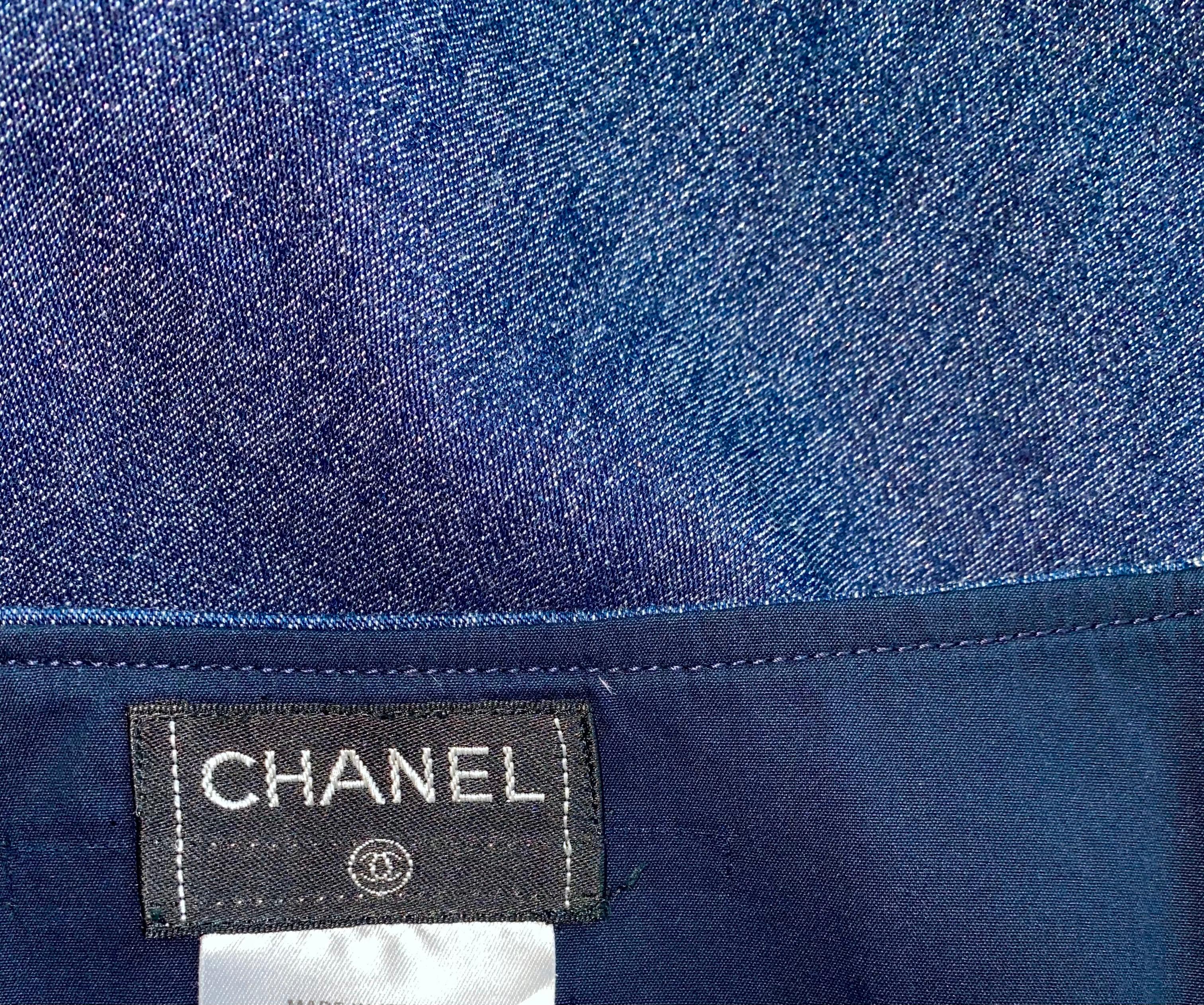 CHANEL Sparkling Blue Denim Jeans Tuxedo Style Skirt 34 For Sale 3