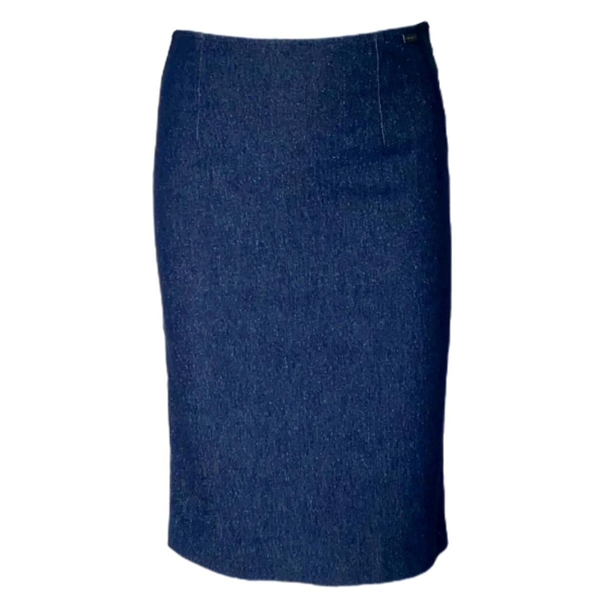 CHANEL Sparkling Blue Denim Jeans Tuxedo Style Skirt 34