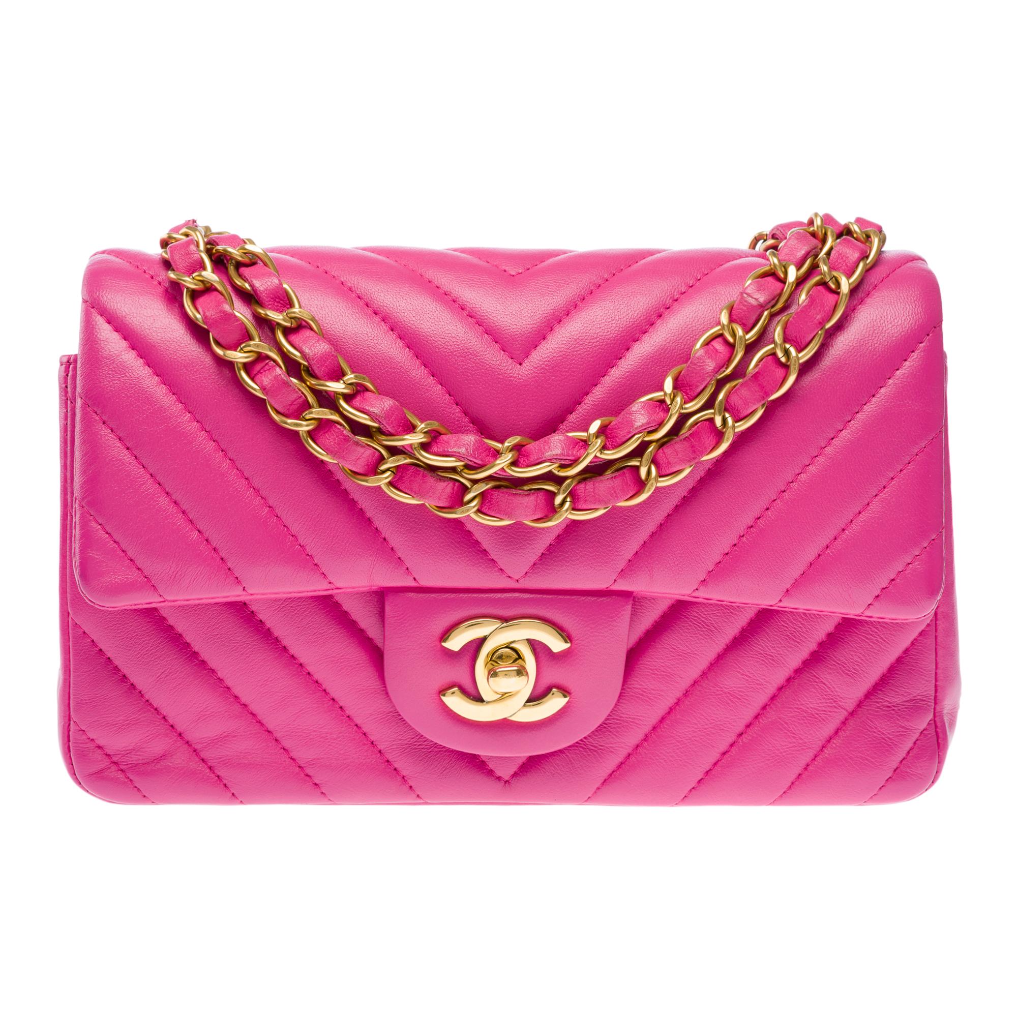 Black Gorgeous Chanel Timelesss Mini shoulder flap bag in Pink chevron leather, GHW For Sale