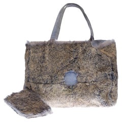 Gorgeous Chanel Tote Bag in grey rabbit fur and blue alcantara