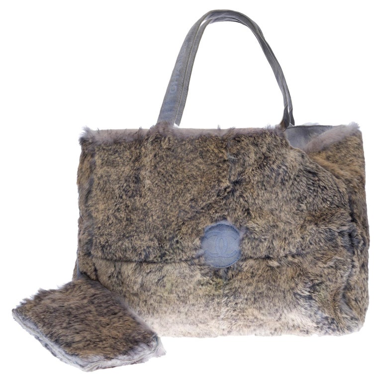 Gorgeous Chanel Tote Bag in grey rabbit fur and blue alcantara at 1stDibs