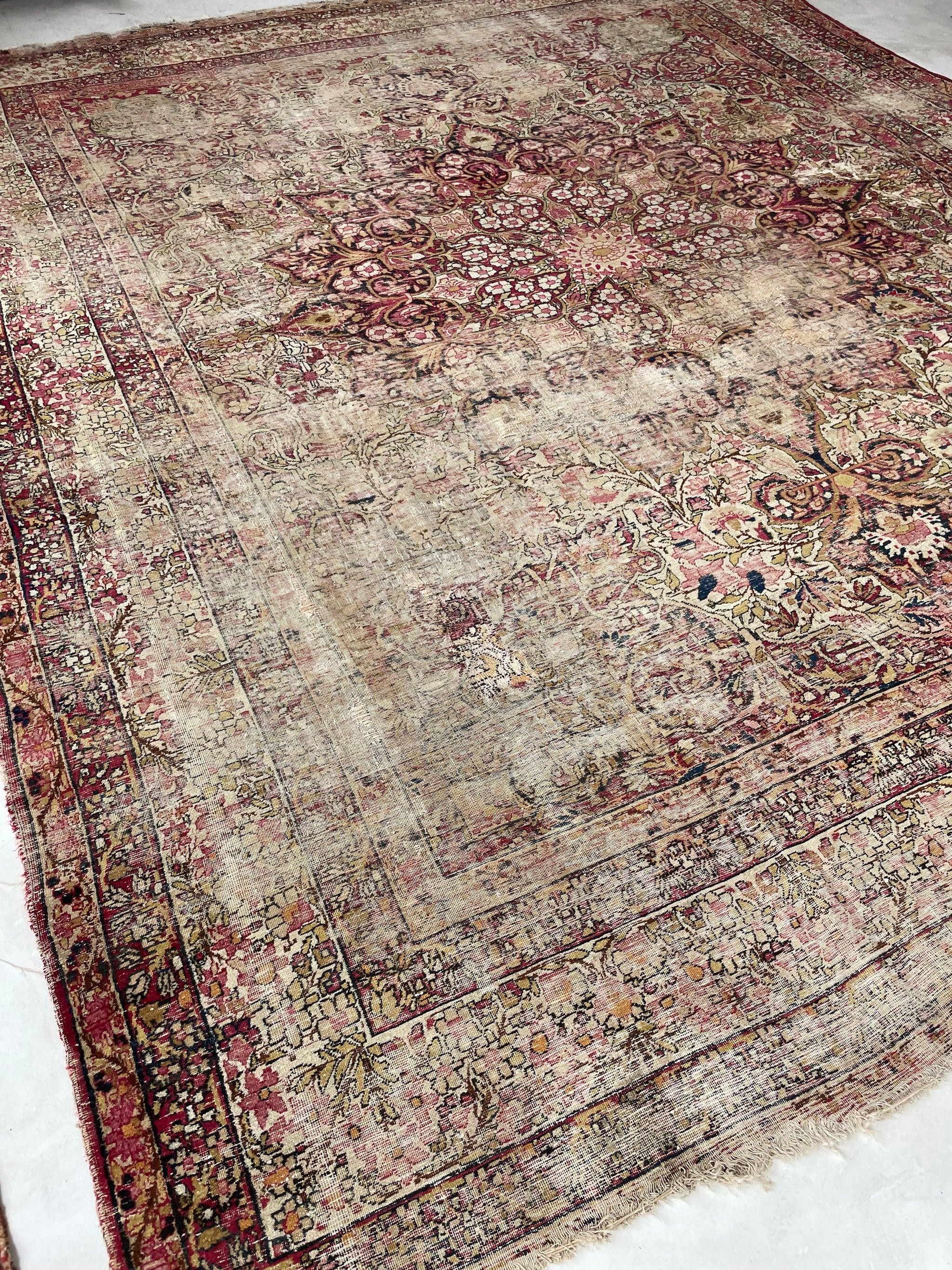 Gorgeous Muted Character-Rich Antique Kermanshah rug Oversized Moss, Sage, Olive & Earthy Greens 

Size: 11 x 13
Age: Antique C. 1900's
Pile: Low with Antique Patina; this piece has been re-woven in some areas that needed it - it was super
