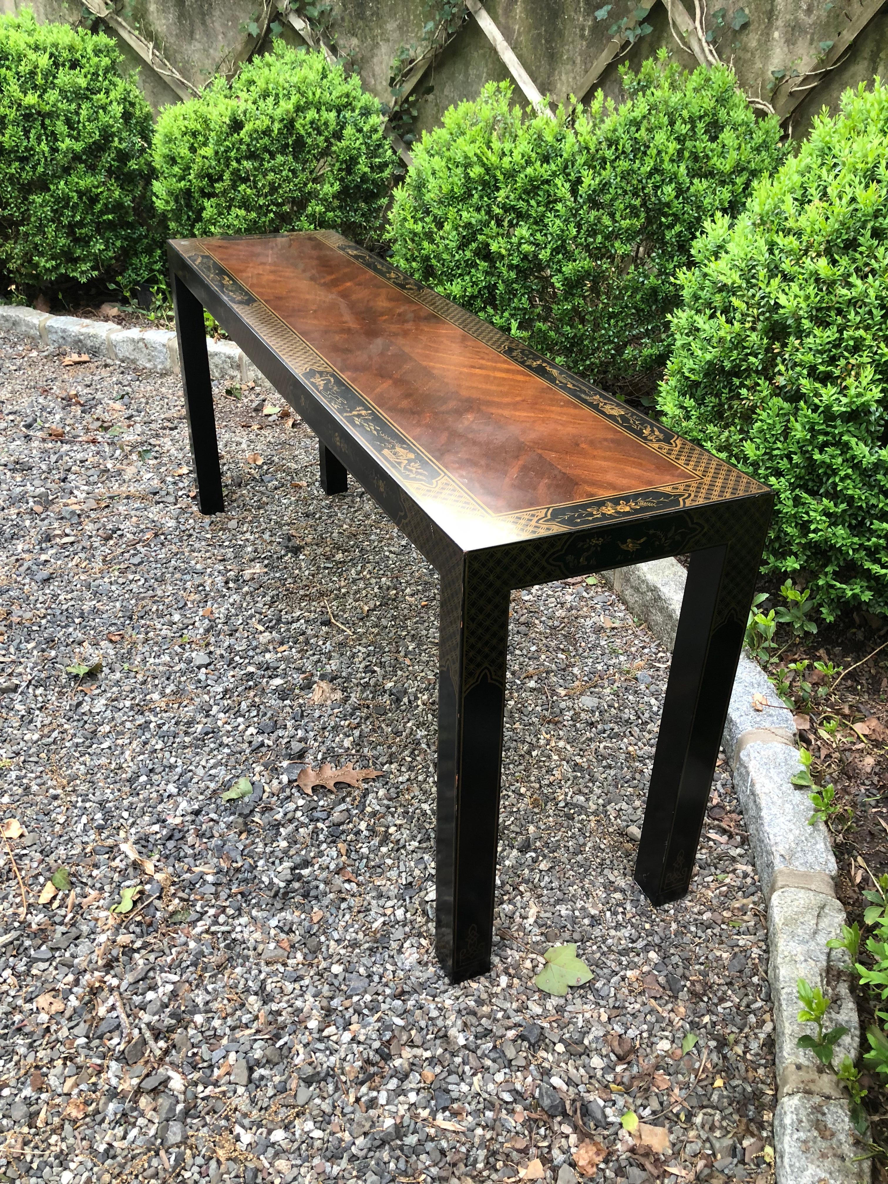 American Luscious Chinoiserie Style Lacquered Mahogany and Ebonized Console Table