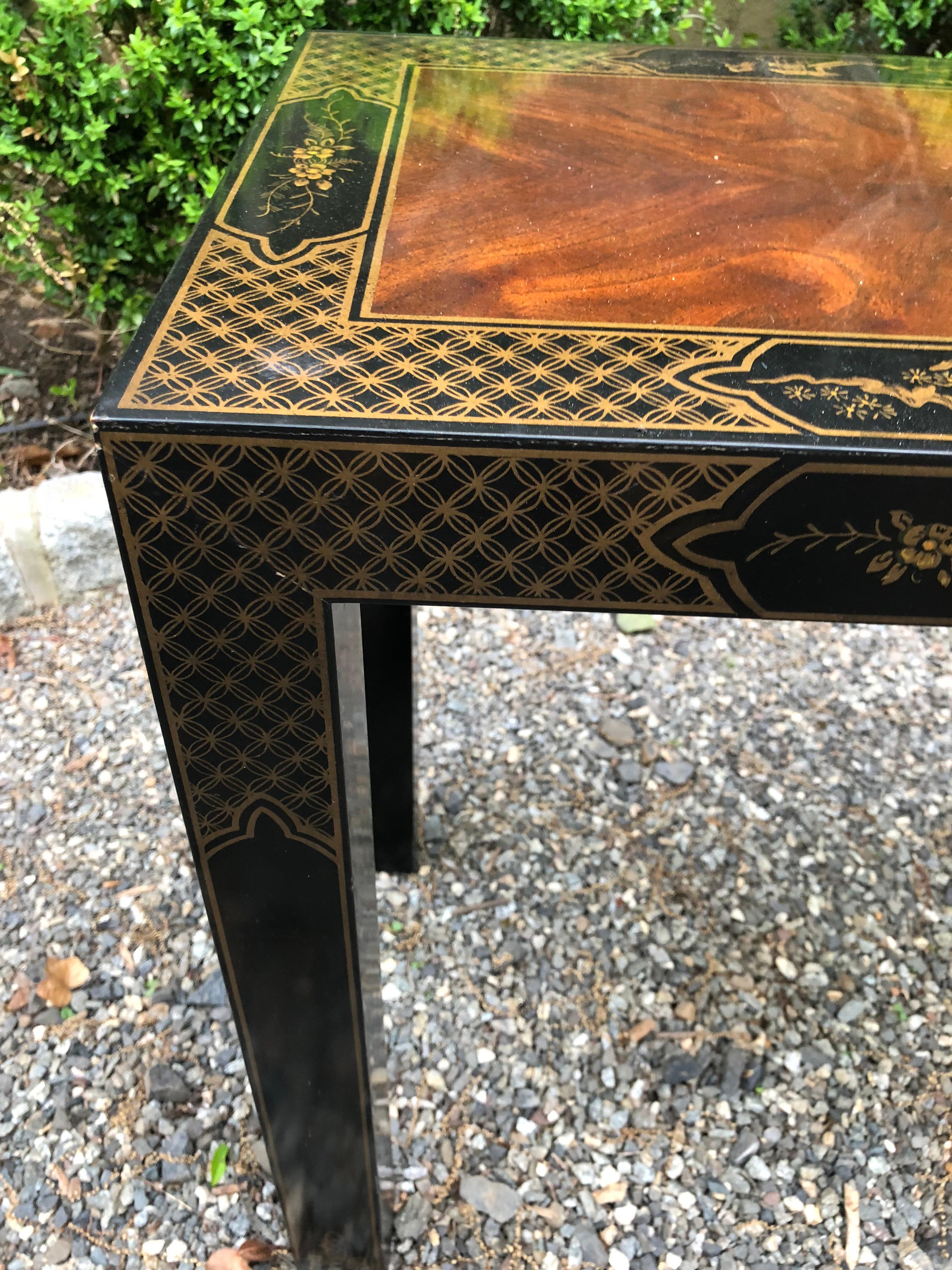 Luscious Chinoiserie Style Lacquered Mahogany and Ebonized Console Table 1