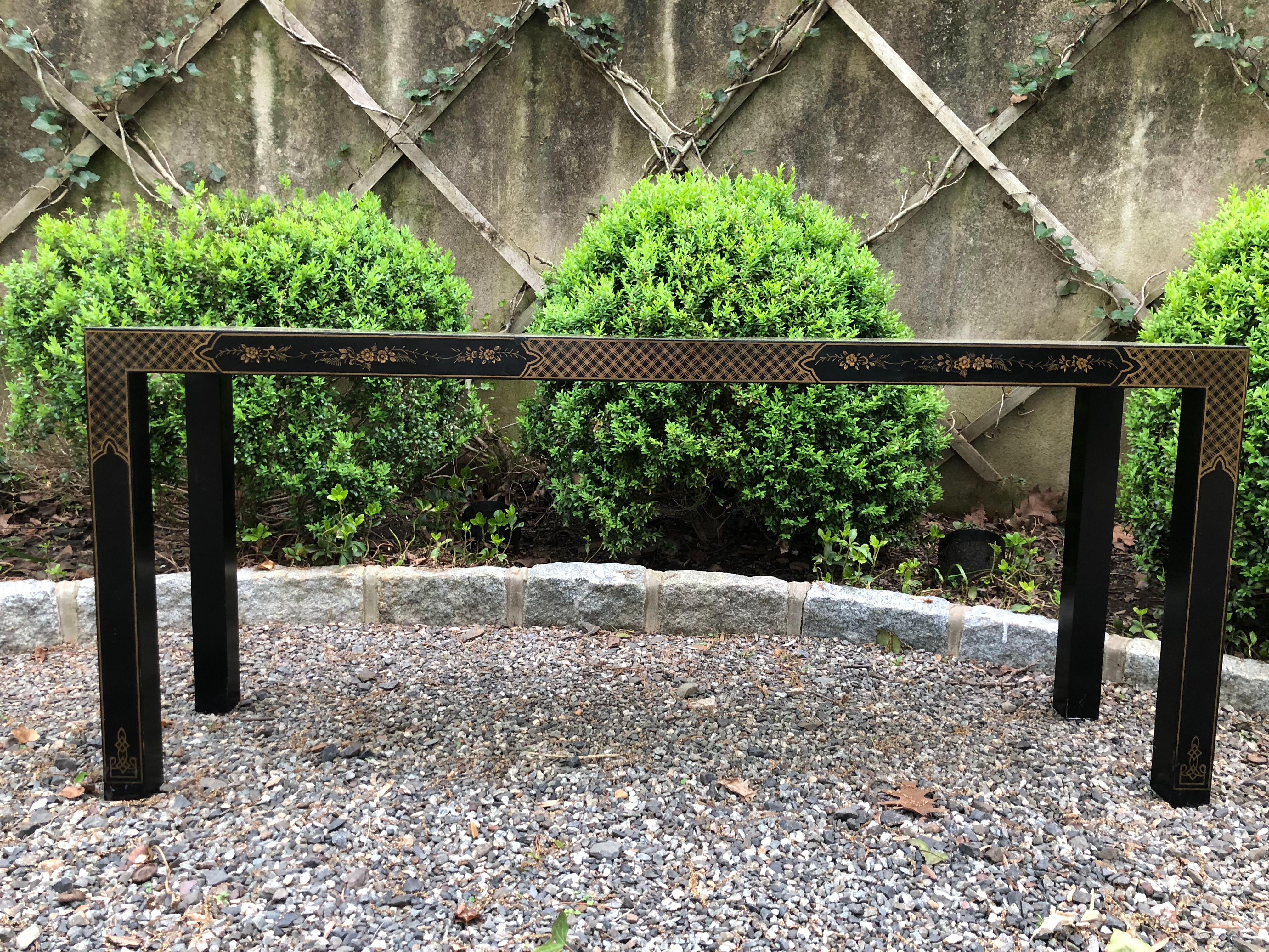 Luscious Chinoiserie Style Lacquered Mahogany and Ebonized Console Table 3