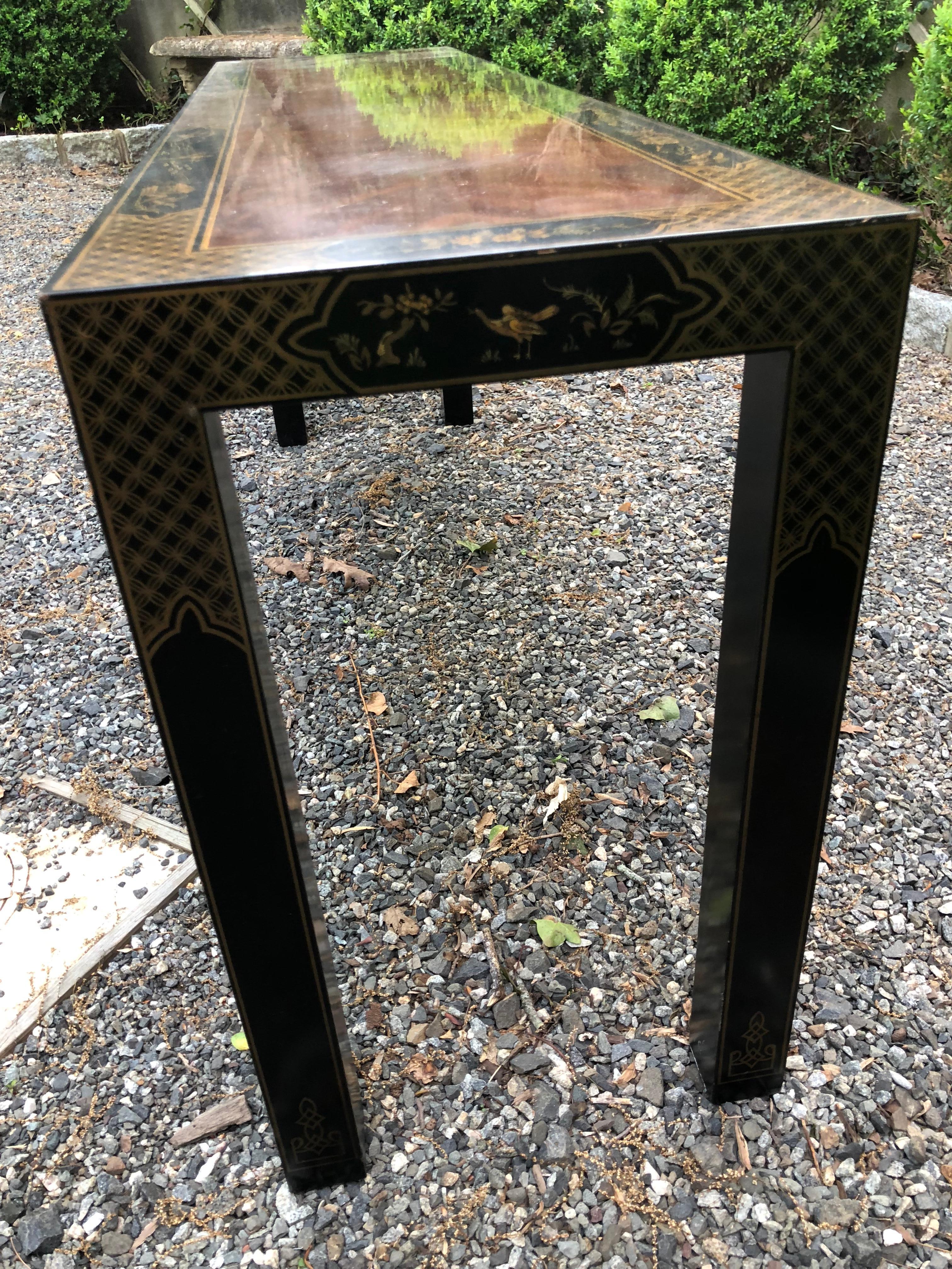 Luscious Chinoiserie Style Lacquered Mahogany and Ebonized Console Table 4