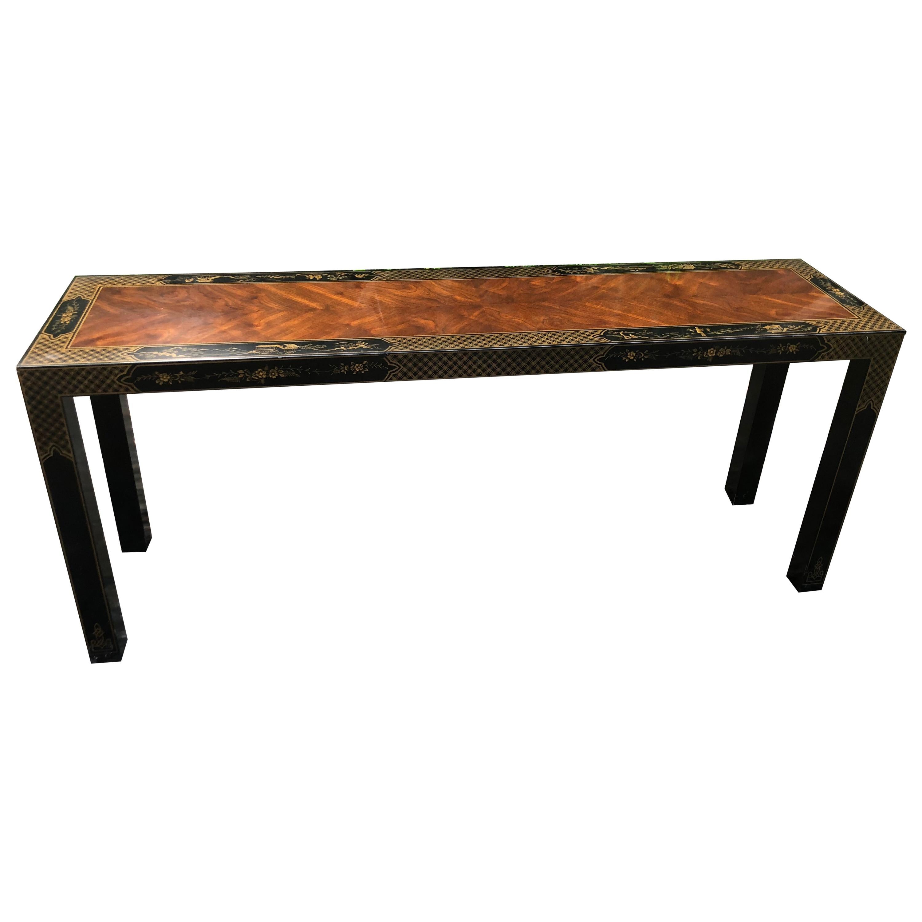 Luscious Chinoiserie Style Lacquered Mahogany and Ebonized Console Table