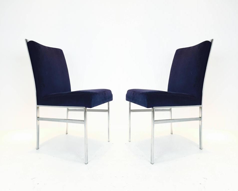 Mid-Century Modern Gorgeous Chrome and Blue Velvet Dining Chairs by Pierre Cardin, Set of Six
