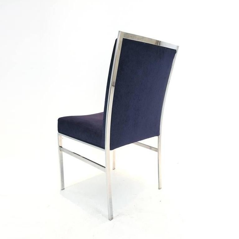 Chrome and Blue Velvet Dining Chairs by Pierre Cardin, Set of