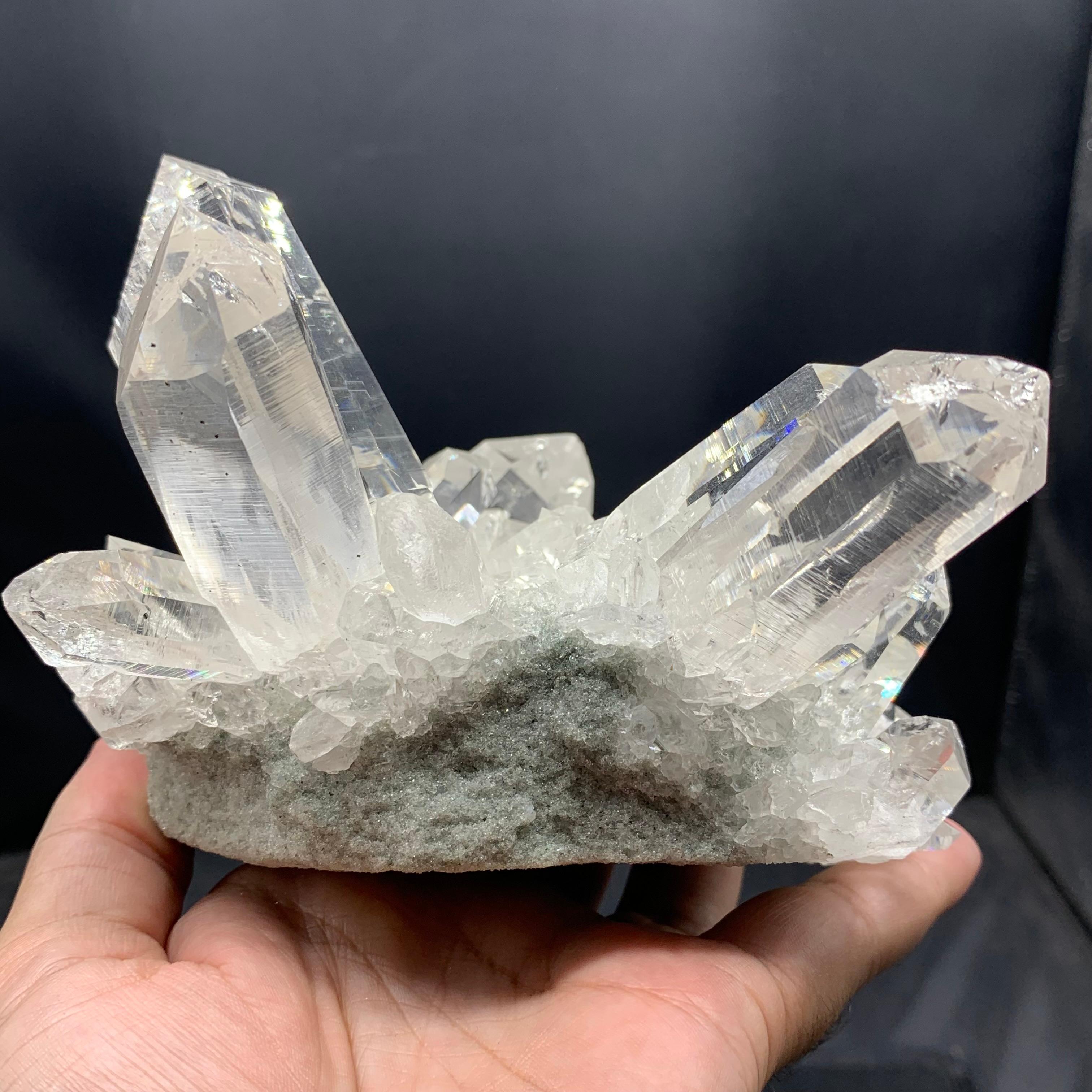Product Information:
Specimen Type: Quartz Crystals
Weight: 1015 grams
Dimension: H: 10 x W: 11.5 x D: 10 cm
Origin: Kullu District, Himachal Pradesh, India
Treatment: None
.
The Gorgeous Cluster of Quartz crystals, originating from the majestic
