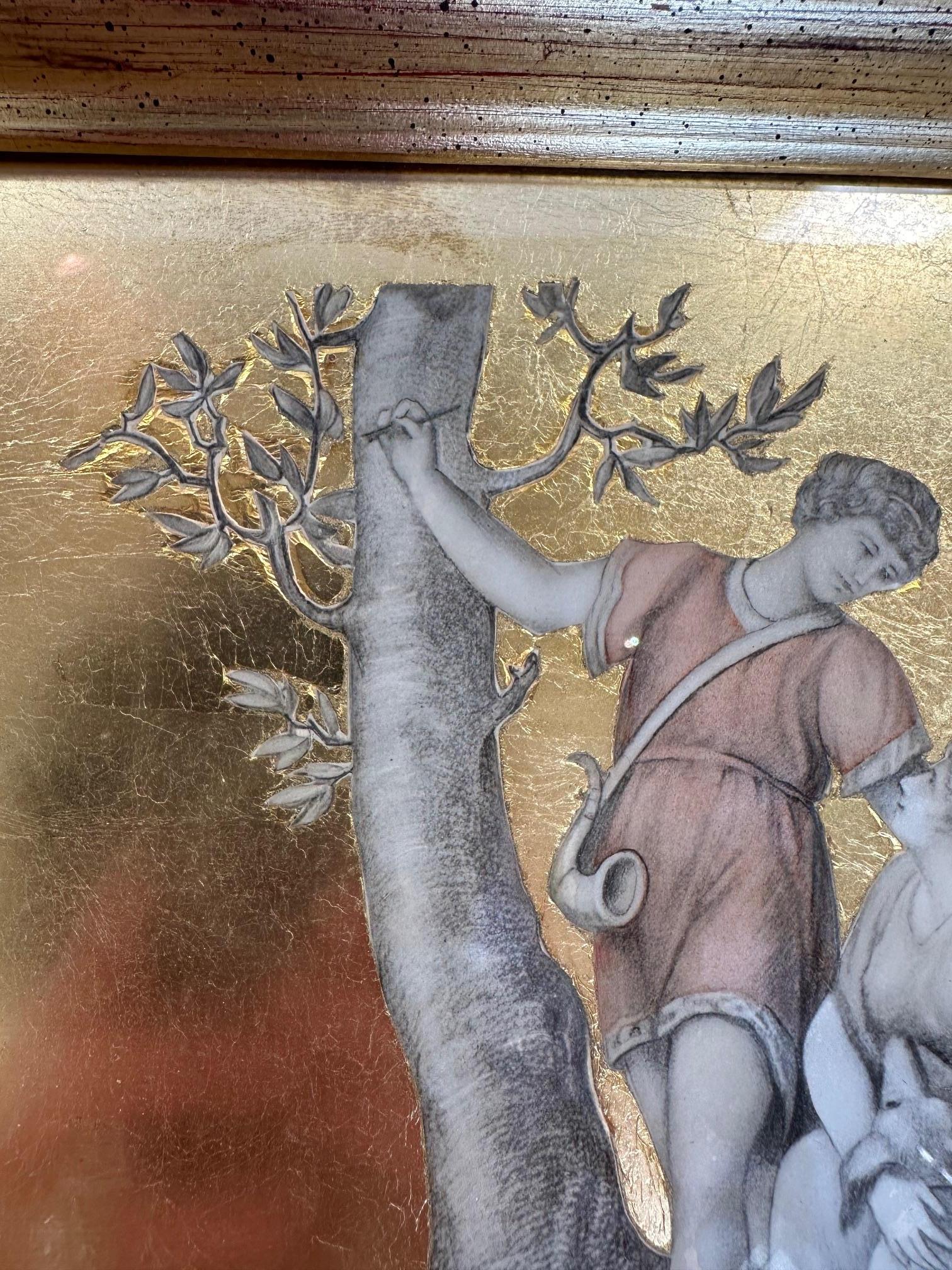 Splendida collezione di 4 scene figurative classiche decoupate con foglie d'oro in vendita 1