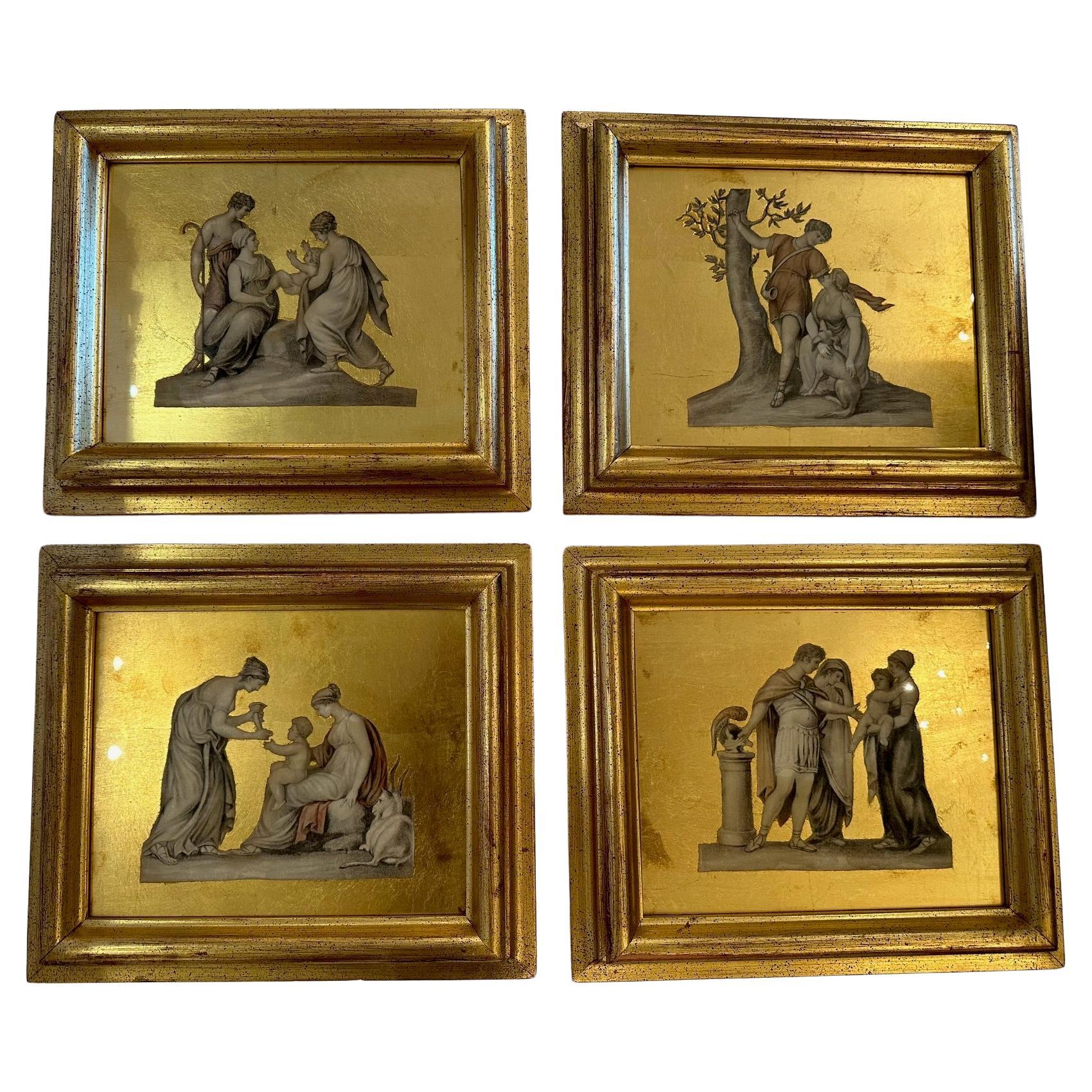 Splendida collezione di 4 scene figurative classiche decoupate con foglie d'oro in vendita