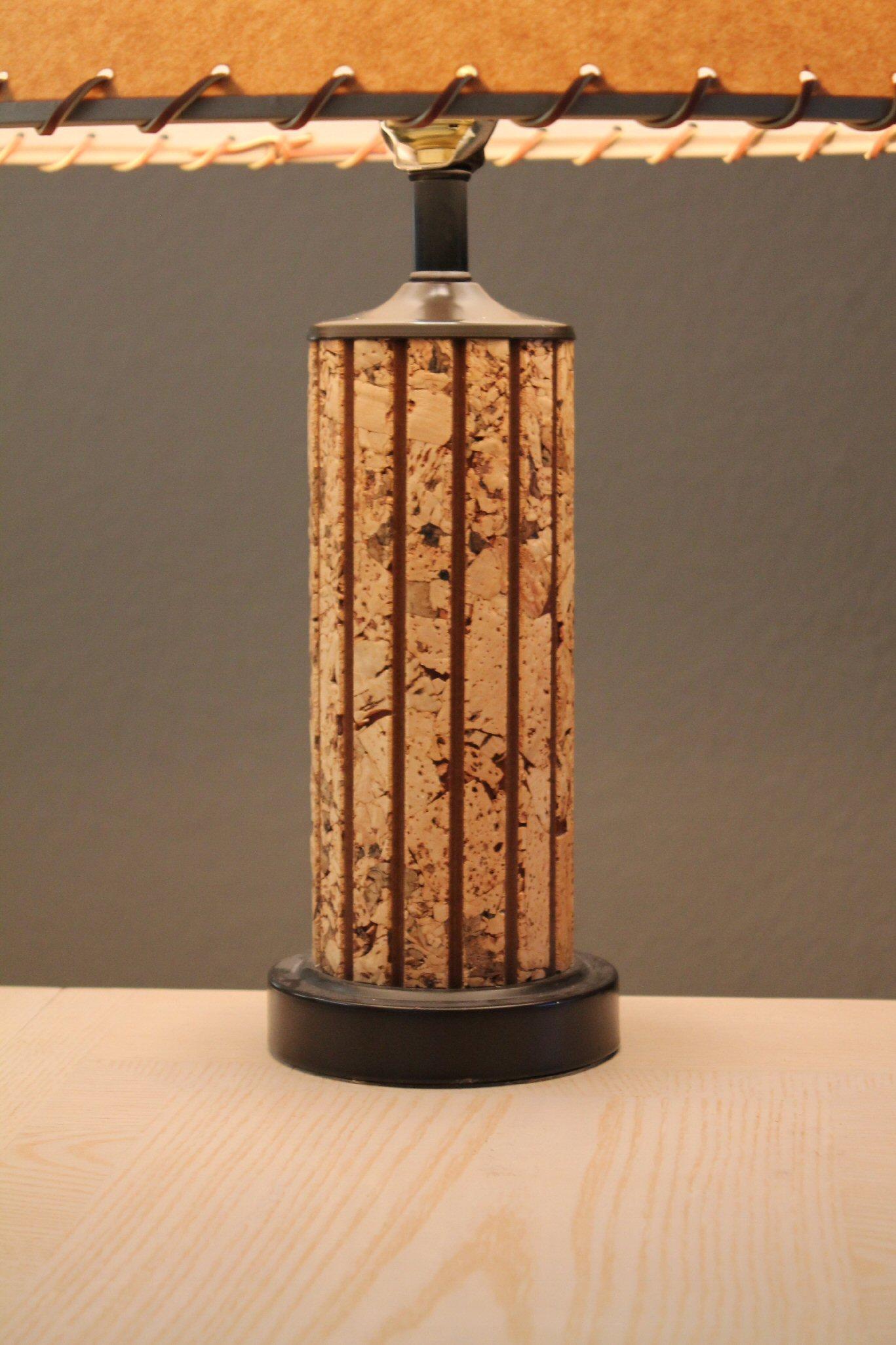 American Gorgeous Cork Mid Century Modern Table Lamp! Laced Shade 1960s Decor Lighting For Sale