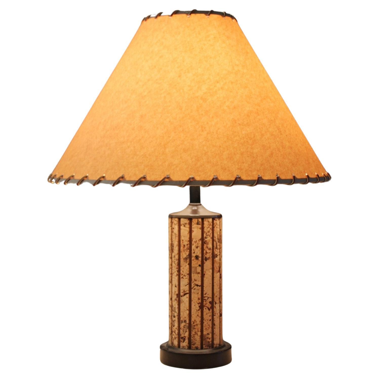 Gorgeous Cork Mid Century Modern Table Lamp! Laced Shade 1960s Decor Lighting For Sale