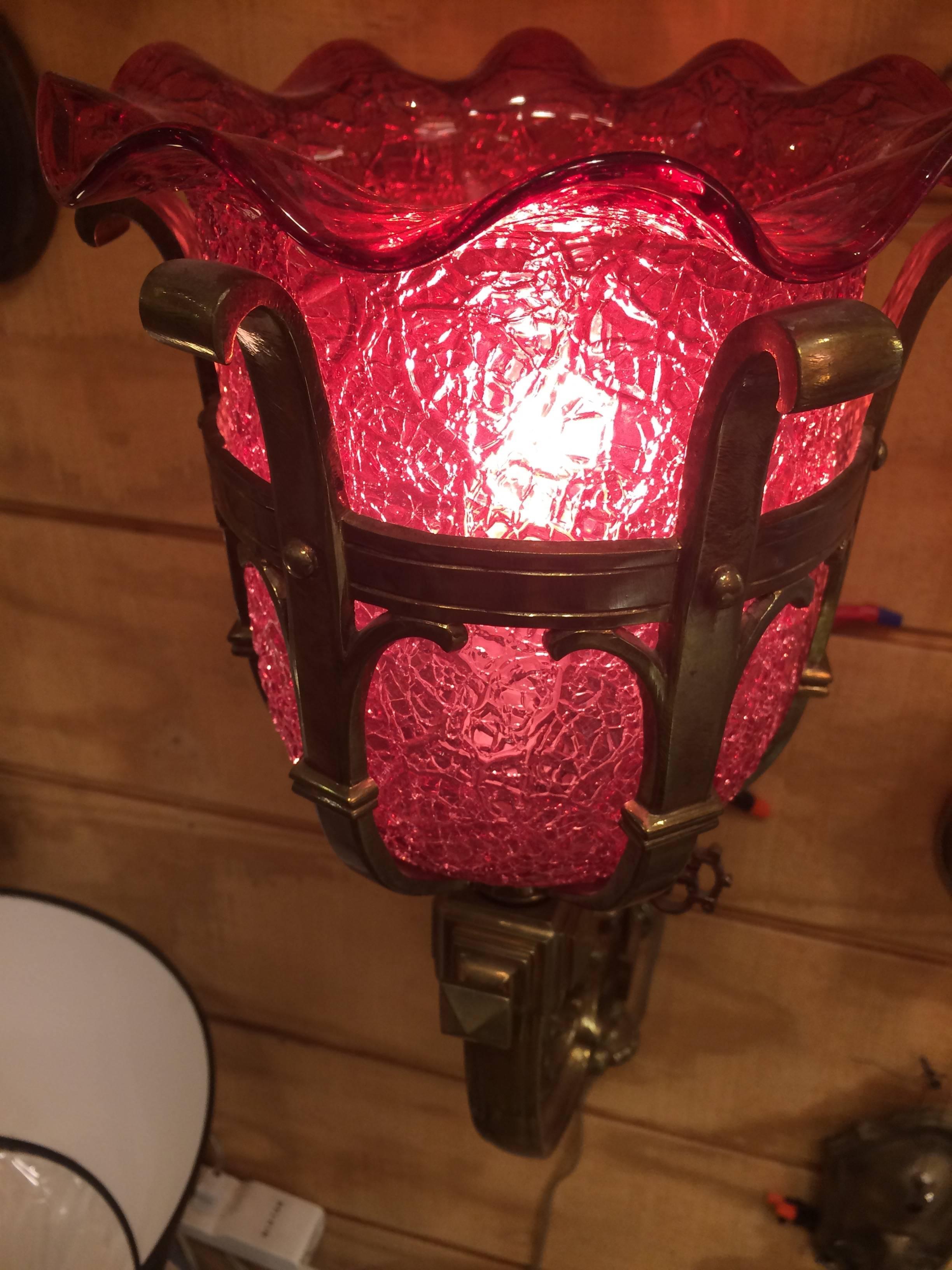 American Gorgeous Cranberry Glass and Brass Wall Sconce