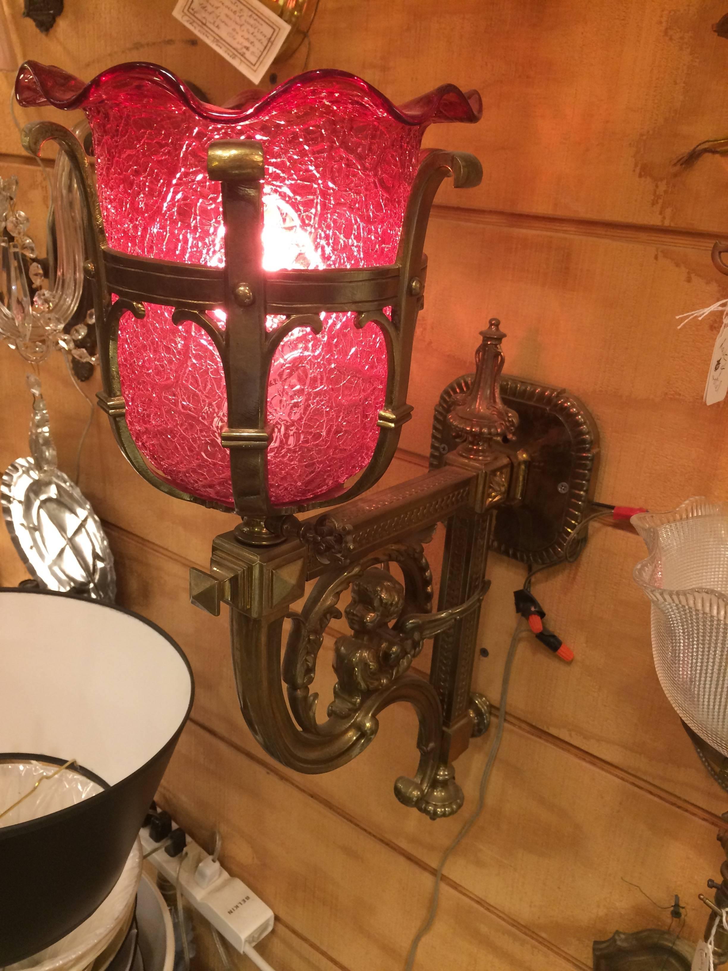 Gorgeous Cranberry Glass and Brass Wall Sconce 2