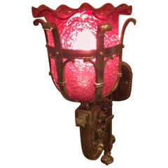 Gorgeous Cranberry Glass and Brass Wall Sconce