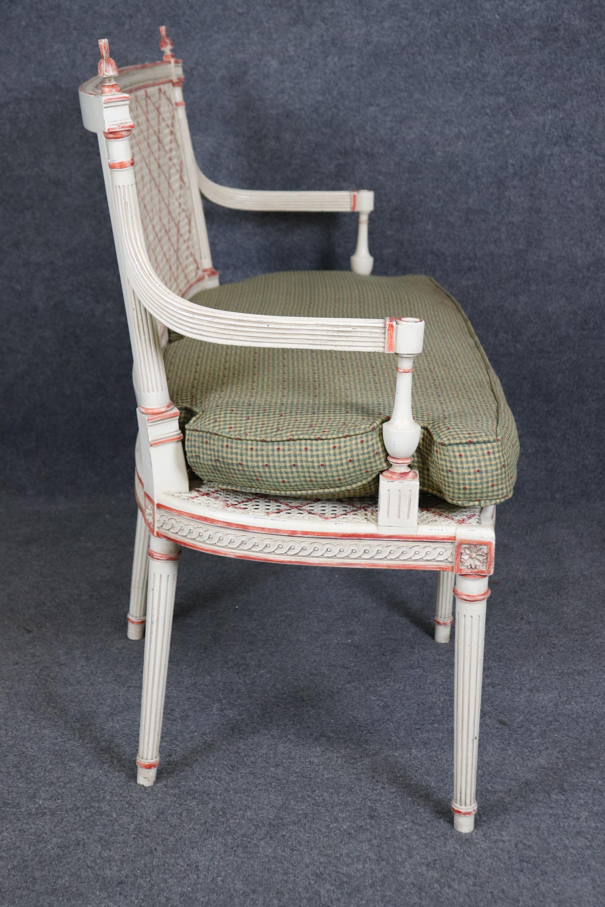 Mid-20th Century Gorgeous Creme Paint Decorated and Green Upholstered Cane Louis XVI Settee For Sale