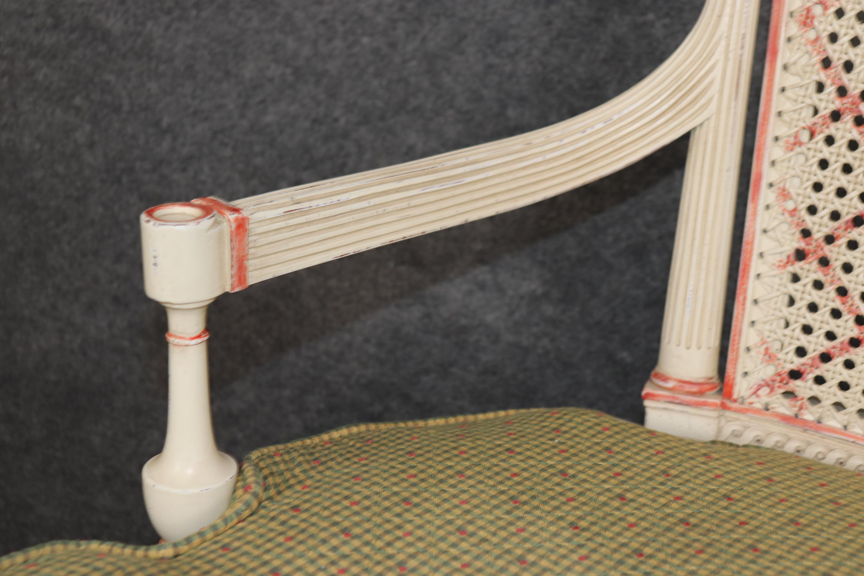 Gorgeous Creme Paint Decorated and Green Upholstered Cane Louis XVI Settee For Sale 2