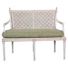 Gorgeous Creme Paint Decorated and Green Upholstered Cane Louis XVI Settee