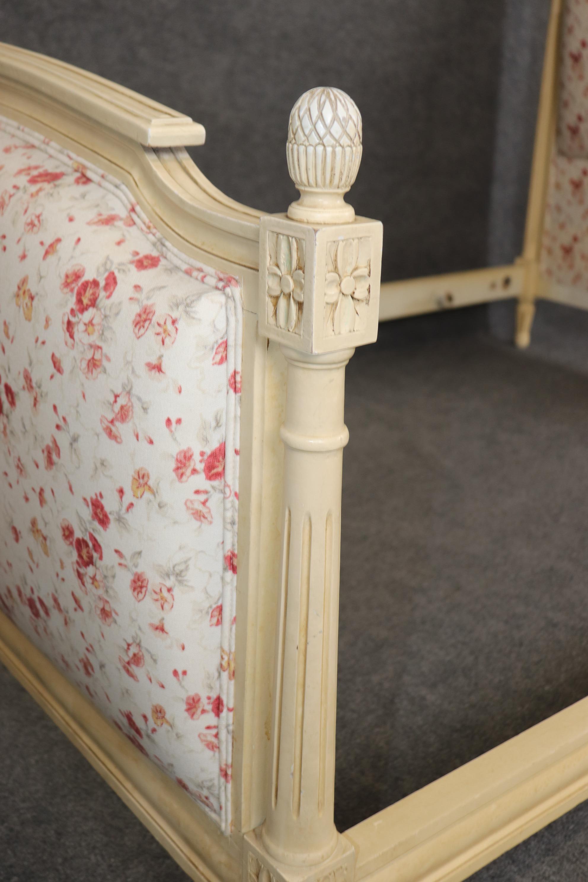 Gorgeous Creme Painted Floral Upholstered Full Double Size French Louis XV Bed For Sale 1
