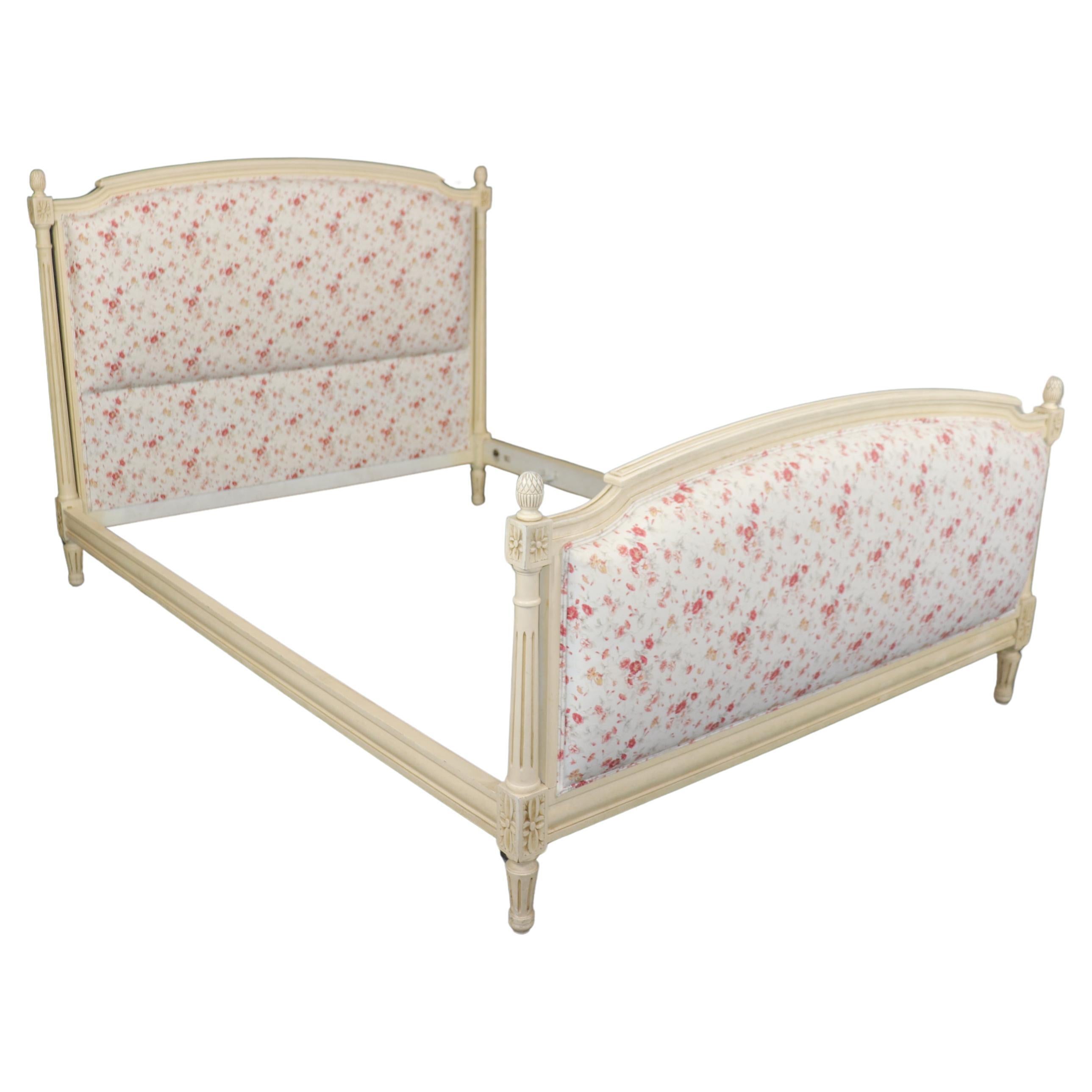 Gorgeous Creme Painted Floral Upholstered Full Double Size French Louis XV Bed For Sale