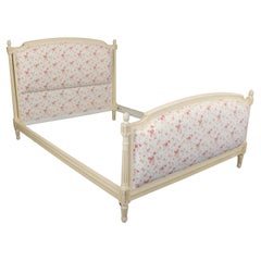 Retro Gorgeous Creme Painted Floral Upholstered Full Double Size French Louis XV Bed