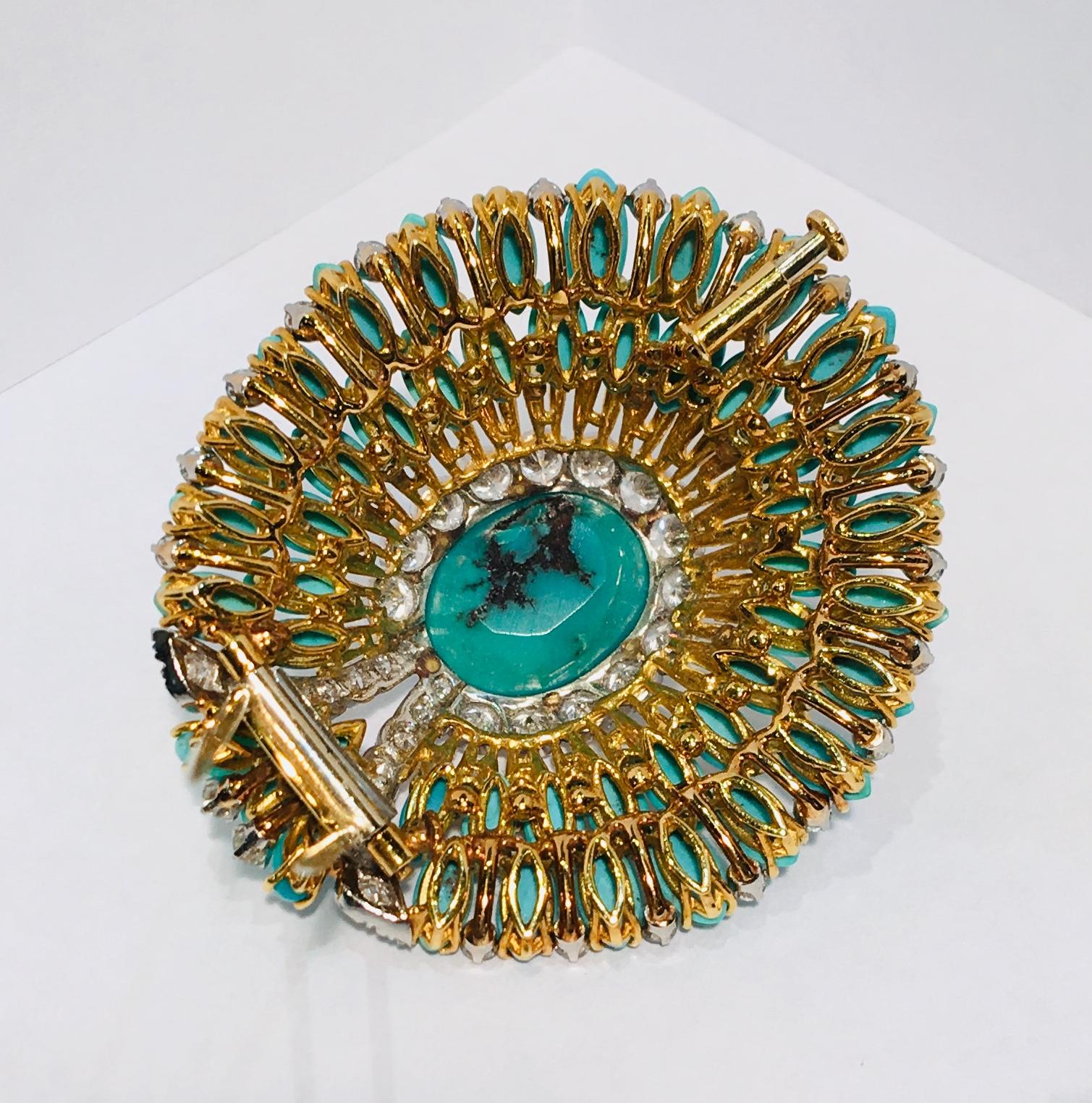 David Webb 35 Carat Persian Turquoise Diamond 18 Karat Yellow Gold Brooch Pin 8
