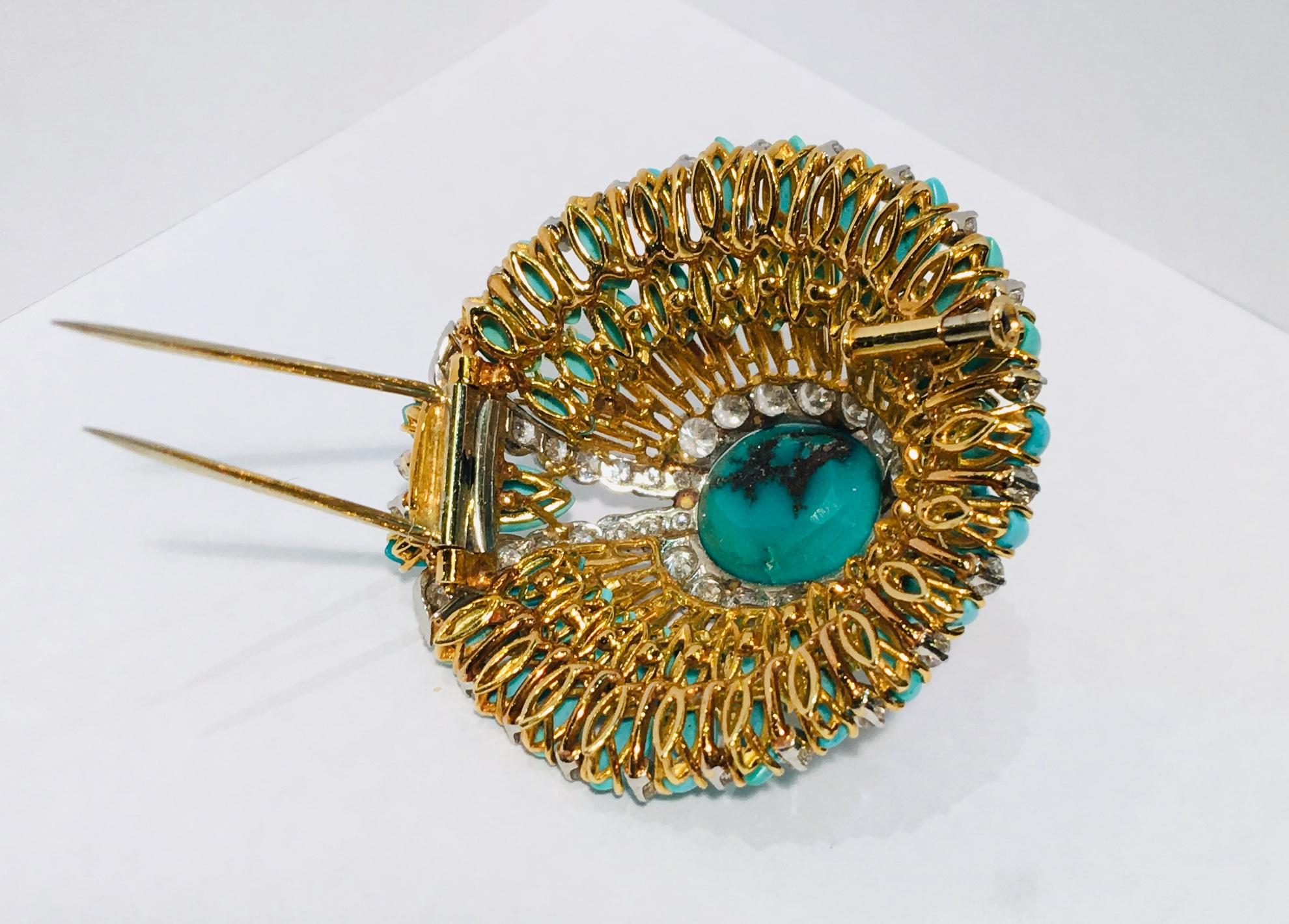 David Webb 35 Carat Persian Turquoise Diamond 18 Karat Yellow Gold Brooch Pin 9
