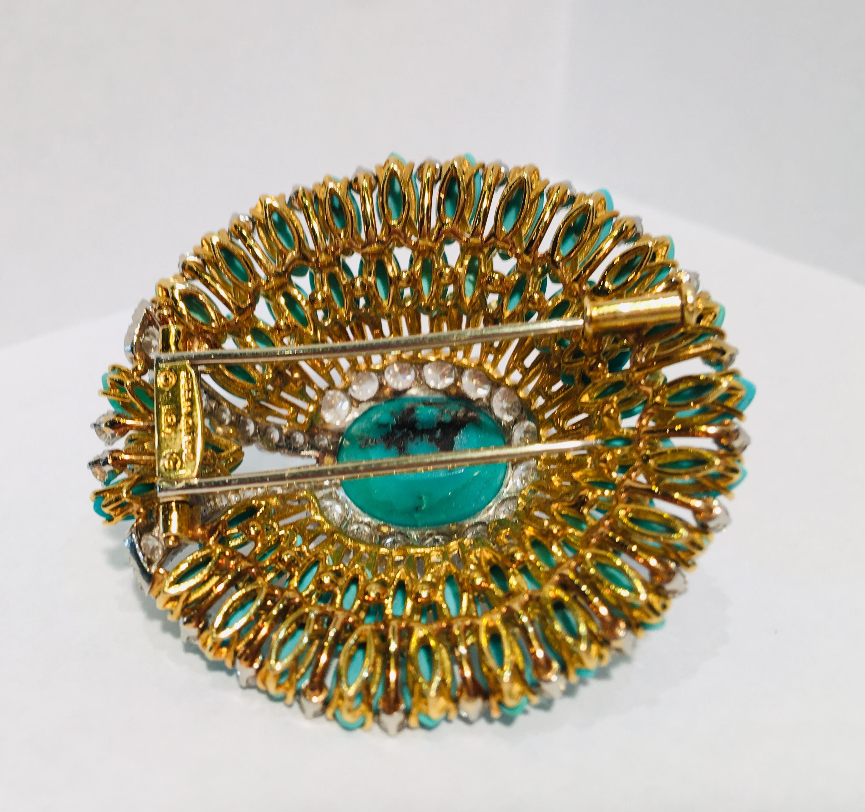 David Webb 35 Carat Persian Turquoise Diamond 18 Karat Yellow Gold Brooch Pin 10