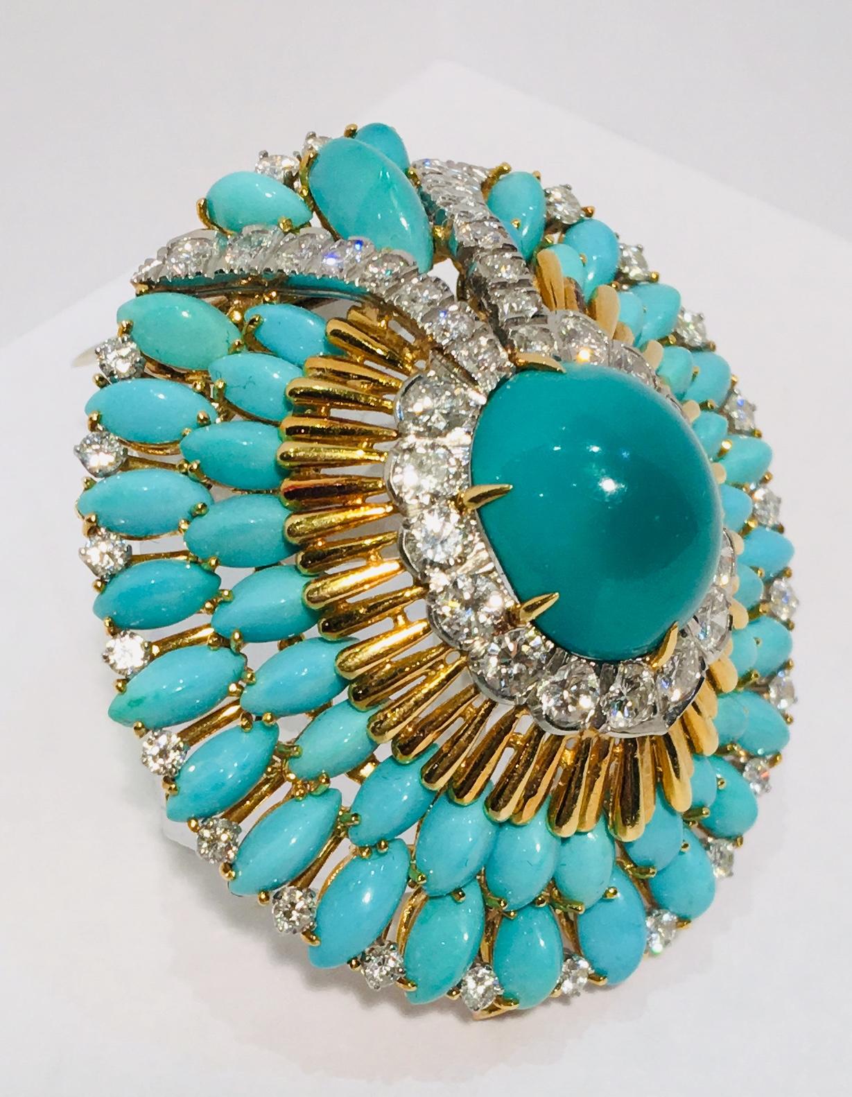 Art Deco David Webb 35 Carat Persian Turquoise Diamond 18 Karat Yellow Gold Brooch Pin