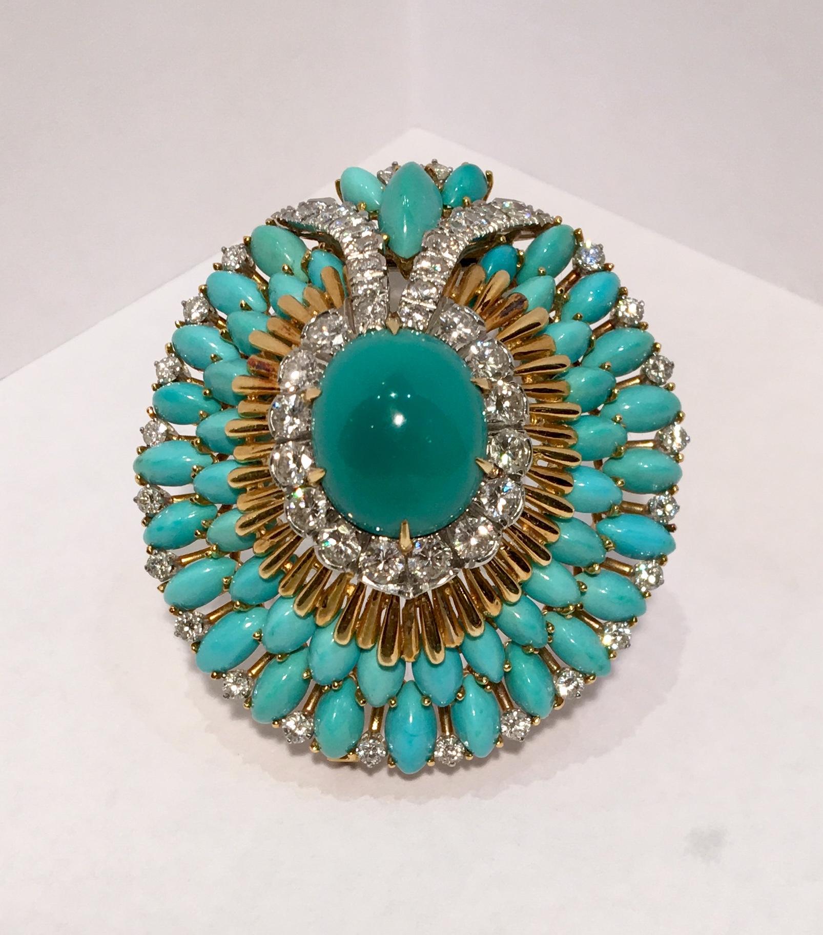 David Webb 35 Carat Persian Turquoise Diamond 18 Karat Yellow Gold Brooch Pin 3