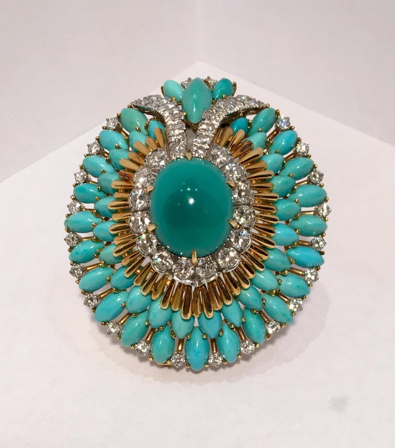 David b Persian Turquoise Diamond 18 Karat Yellow Gold Brooch Pin