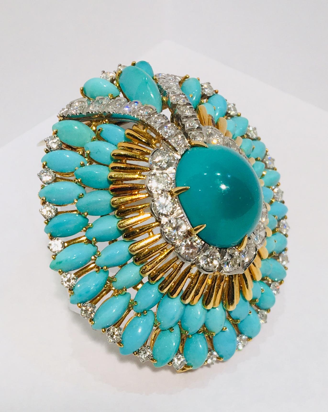 David Webb 35 Carat Persian Turquoise Diamond 18 Karat Yellow Gold Brooch Pin 4