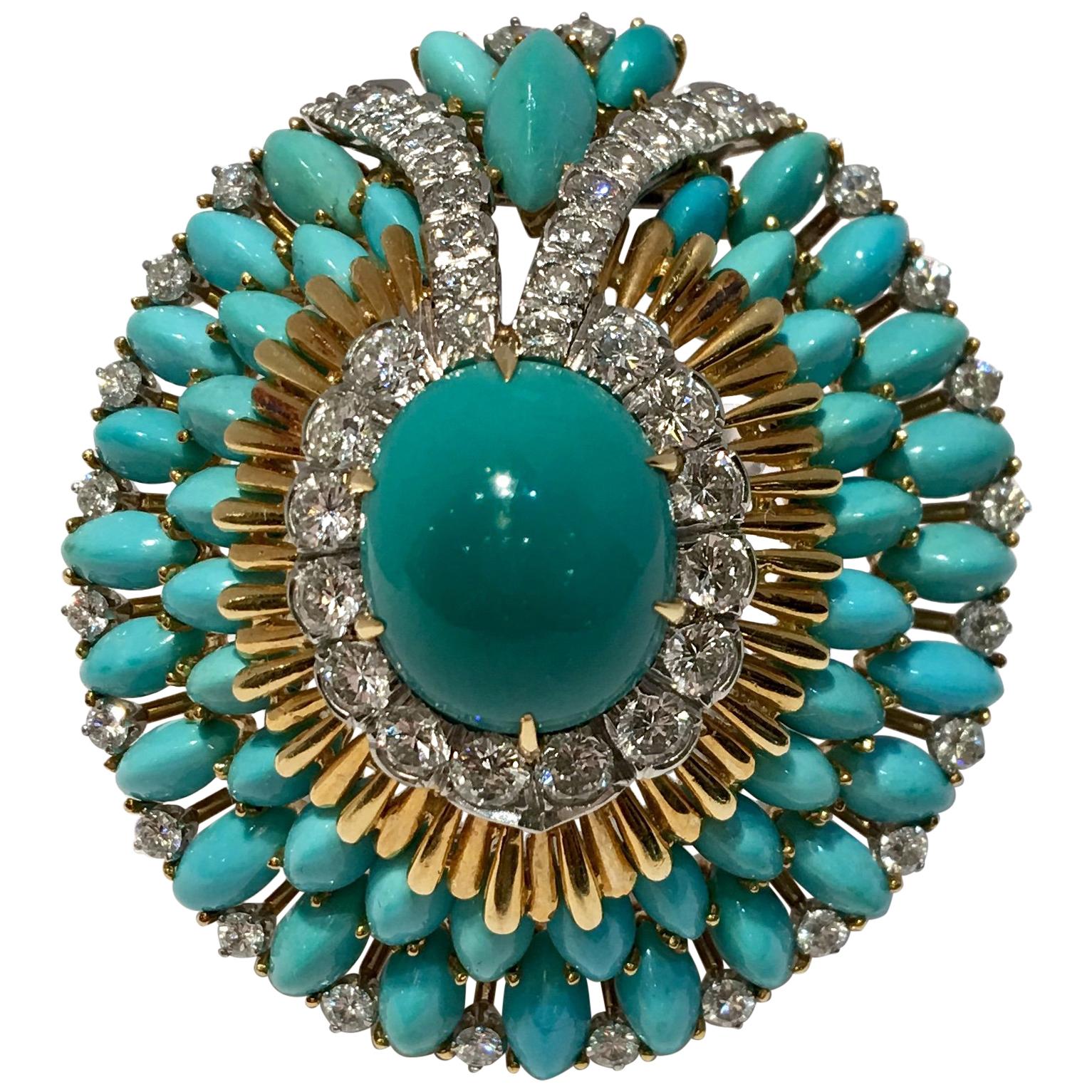 David Webb 35 Carat Persian Turquoise Diamond 18 Karat Yellow Gold Brooch Pin
