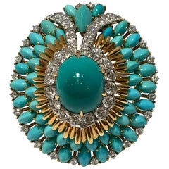 Vintage David Webb 35 Carat Persian Turquoise Diamond 18 Karat Yellow Gold Brooch Pin