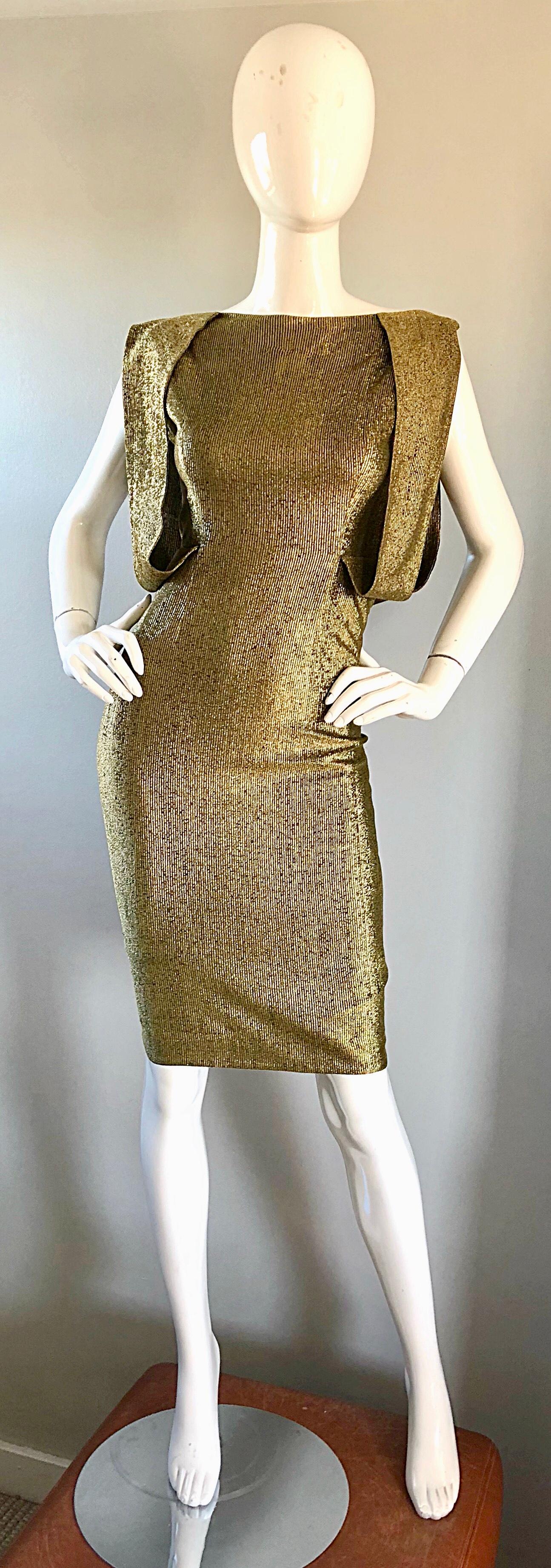 Gorgeous Demi Couture Gold Metallic Cut Out Back Vintage 1950s Wiggle Dress For Sale 4