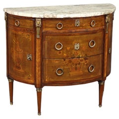 Gorgeous Demilune Marble Top French Inlaid Walnut Satinwood and Bronze Commode