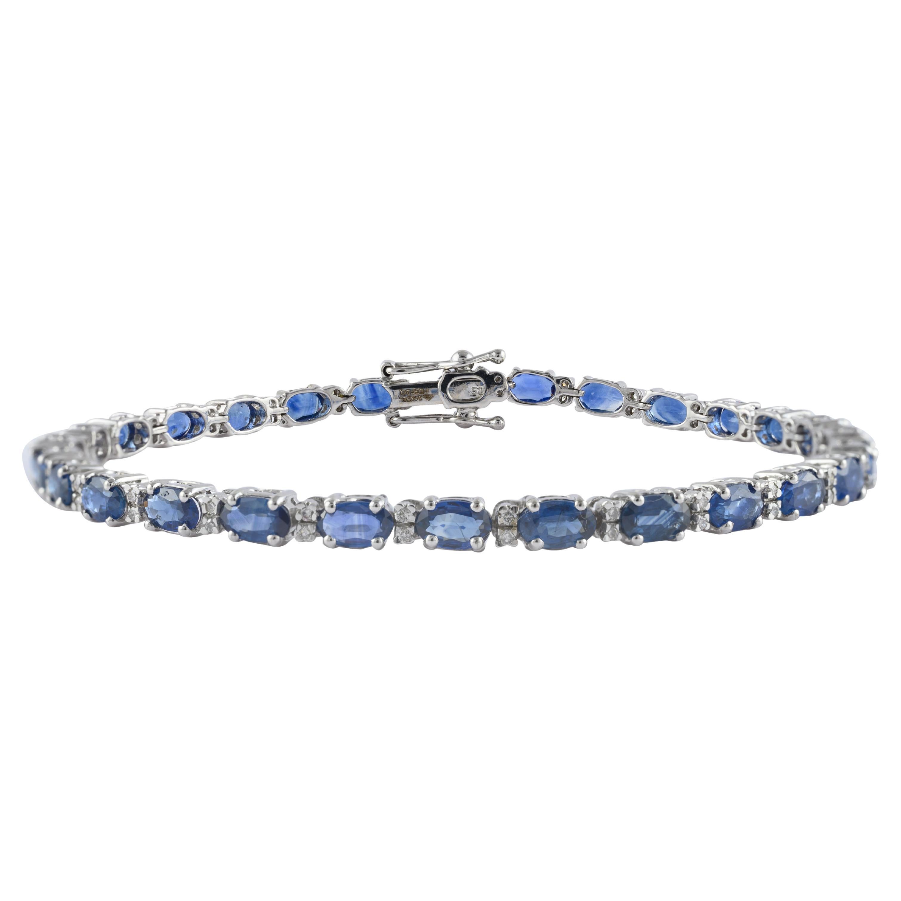 Magnifique bracelet tennis en or blanc massif 14 carats serti de diamants et de saphirs de 7,7 carats