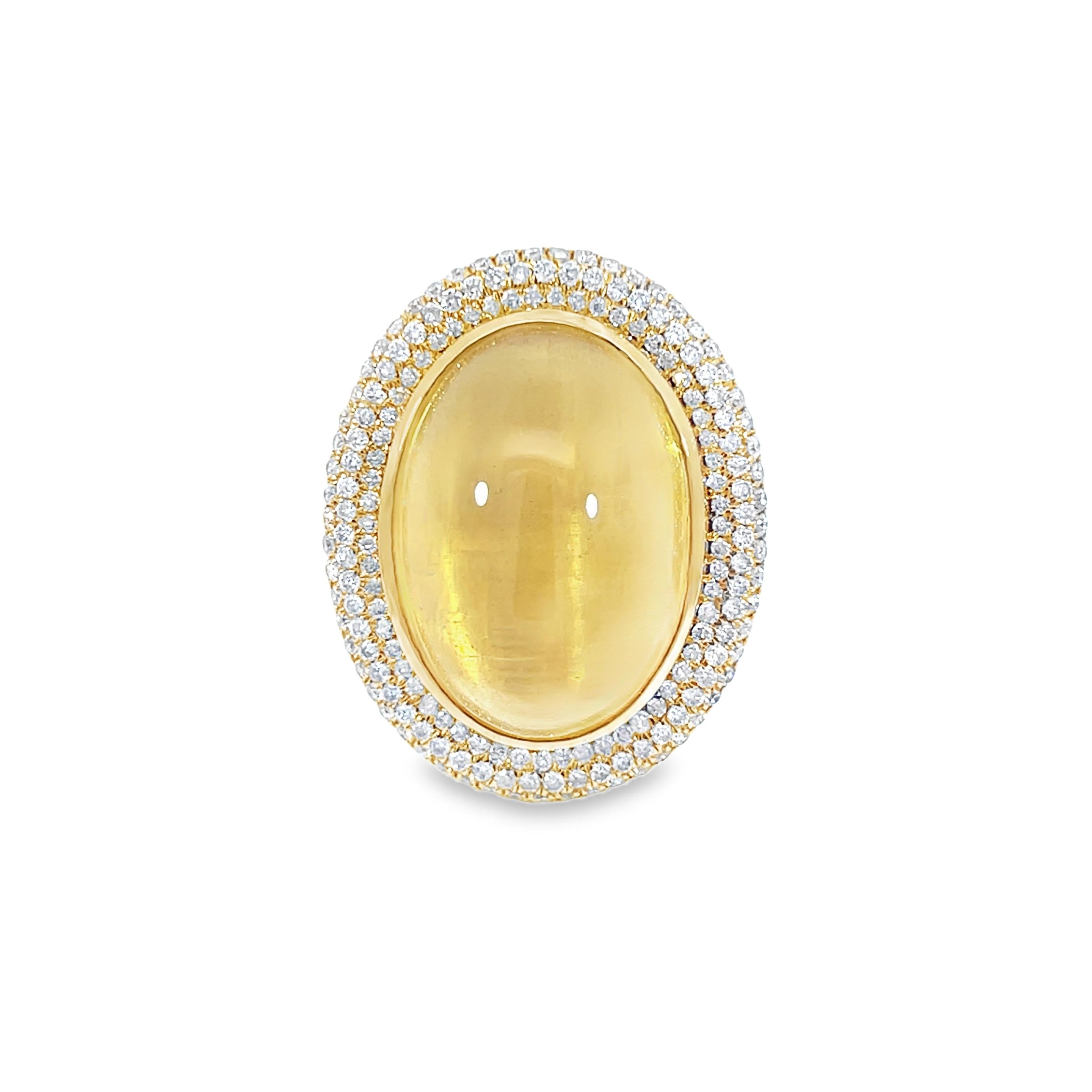 Experience the charm of this exquisite 14-karat gold ring with a mesmerizing oval-shaped 26.18-carat yellow aquamarine in the middle. The 1.39-carat diamond finishing touches that sparkle and catch the light elegantly draw attention to the
