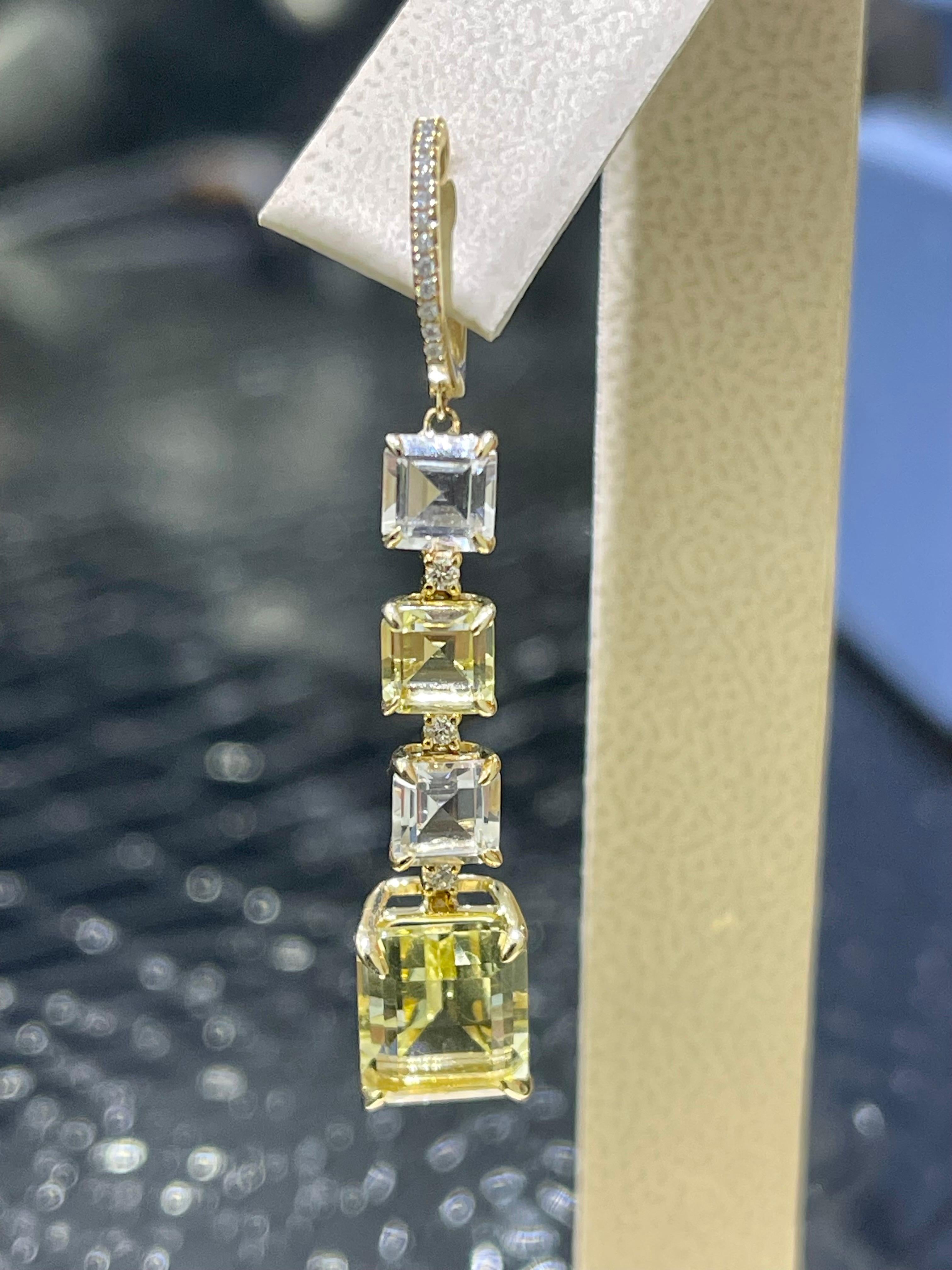 Gorgeous Effy Diamond, Lime Quartz & White Topaz Dangling Earrings In 14k.

- 0.16 carats in diamonds

- 10.70 ctw in lime quartz and white topaz.

Hanging length is 1.75”