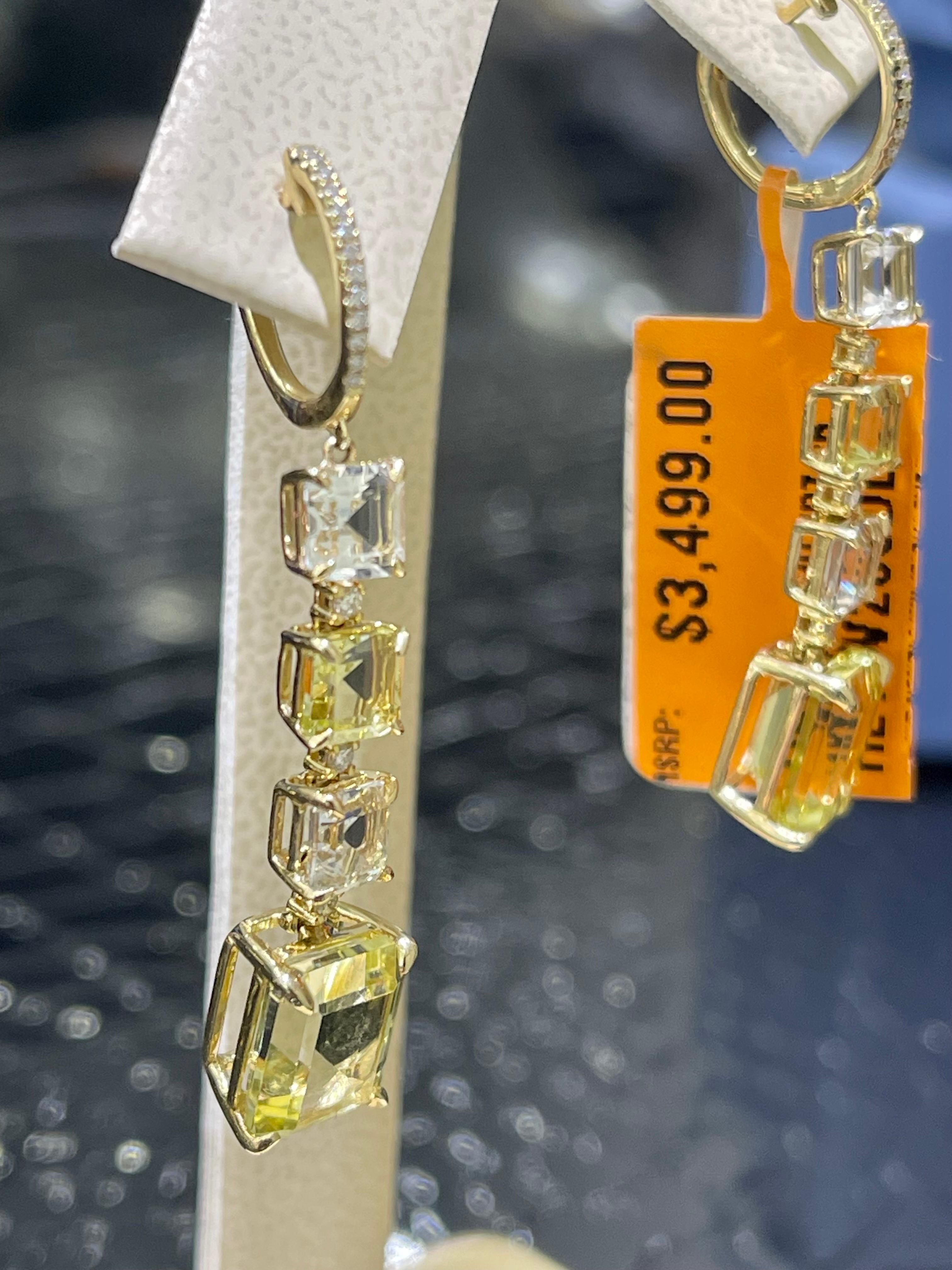 Modern Gorgeous Diamond, Lime Quartz & White Topaz Earrings In 14k For Sale